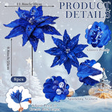 8 Pcs Velvet Christmas Glitter Poinsettia Flowers 12'' Large Heads Artificial Poinsettia Flower Ornaments Picks Christmas Tree Decoration Fake For Xmas Ornament Wedding Holiday(Royal Blue)
