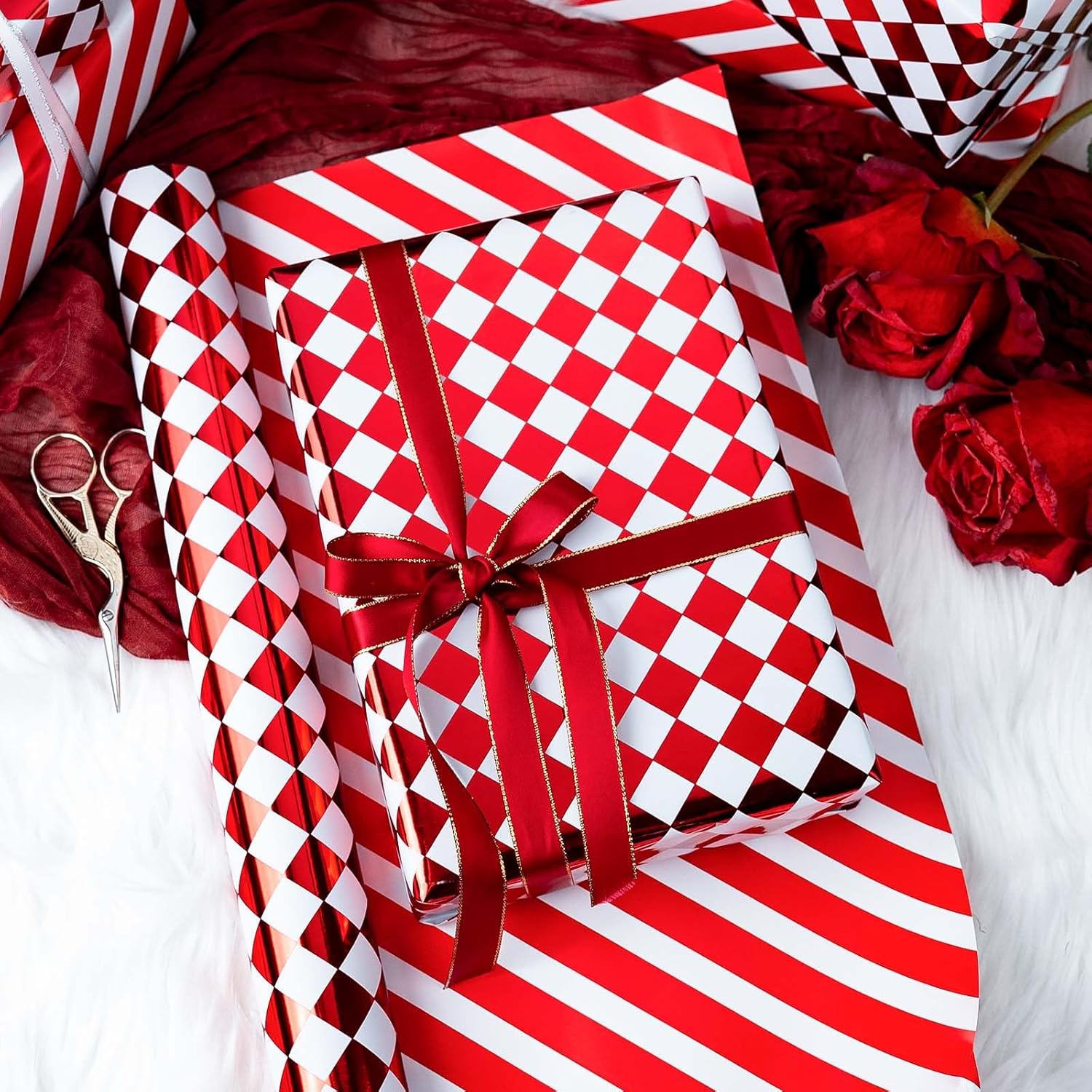 Checkered Wrapping Paper Roll - Red Metallic Foil Diamond & Stripe, Reversible Classic Pattern Gift Wrap For Birthday, Mothers Day, Fathers Day, Wedding, Christmas, Anniversary - Mini Roll - 17 In X 33 Ft