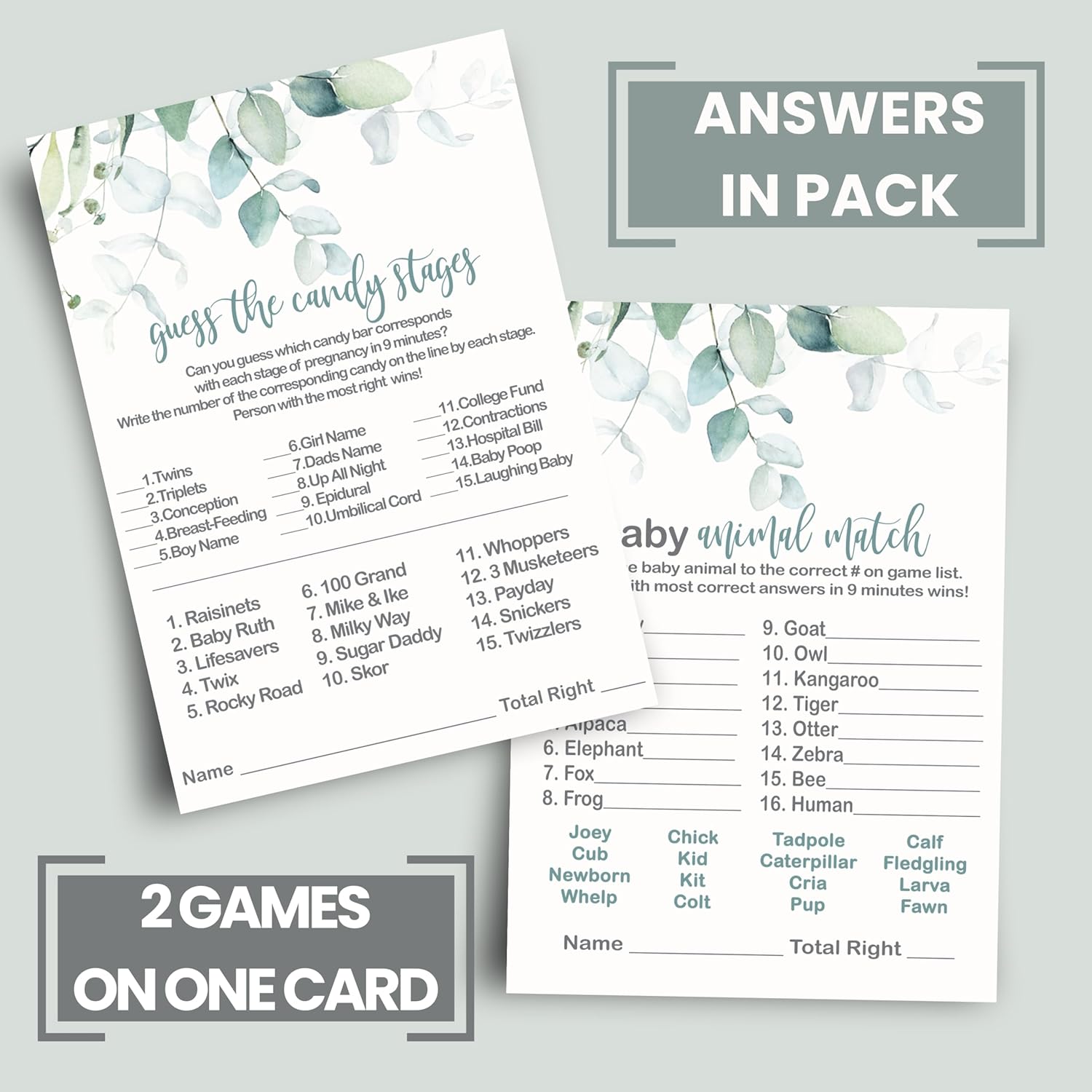 Greenery Baby Shower Animal Matching And Candy Bar Match Games, 25 Each, Double Sided 5X7 Cards, Rustic Eucalyptus And Gold Themed