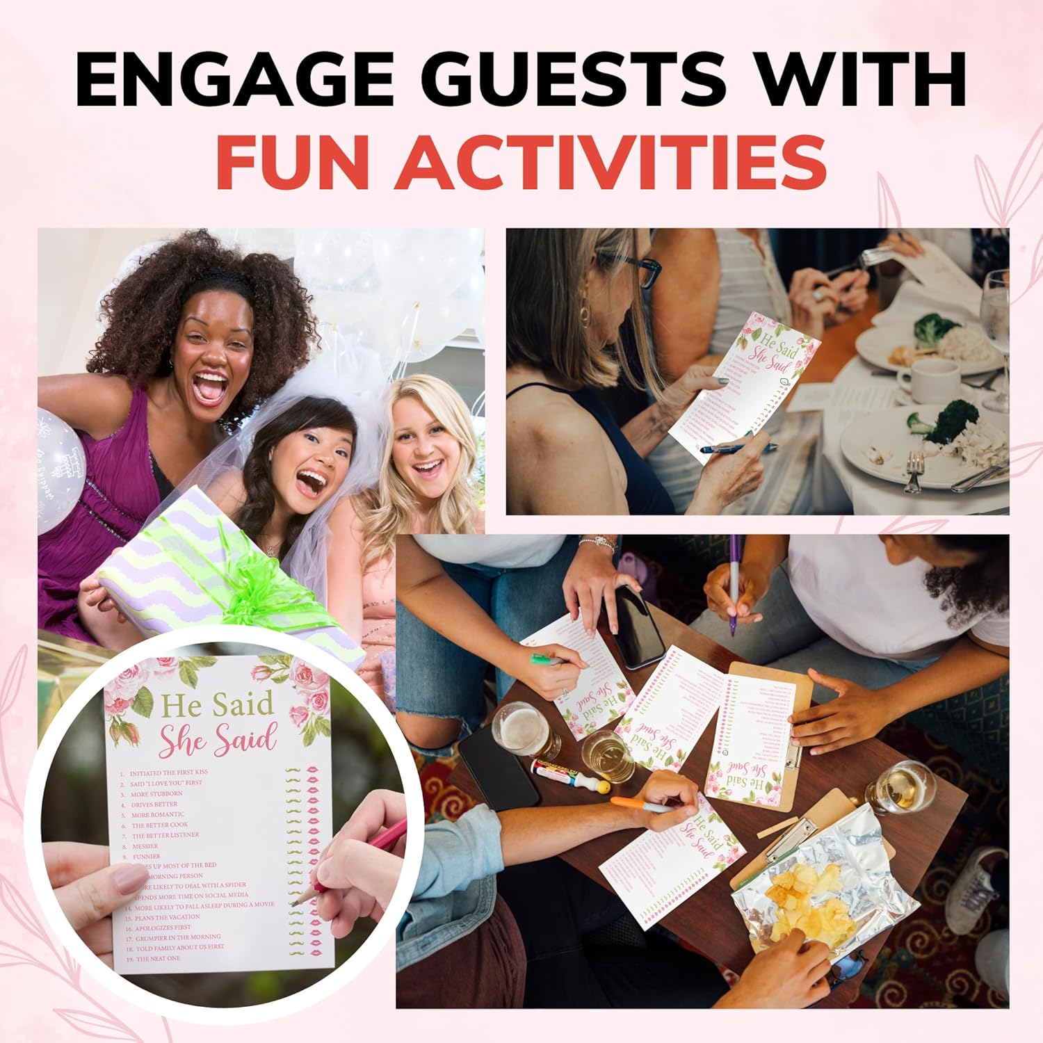 He Said She Said Bridal Shower Game - 50 Pcs Him Or Her Wedding Shower Game For 50 Guests, Engagement Party Games For Floral Bridal Showers Decorations