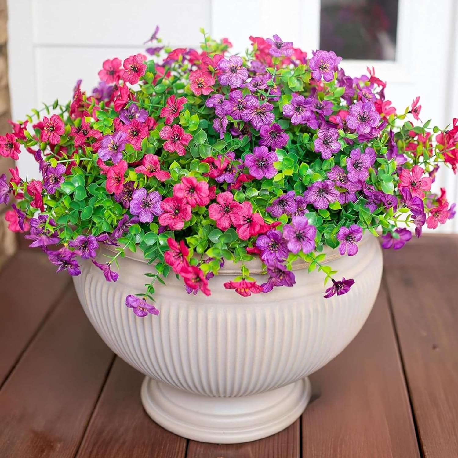 Artificial Flowers For Outdoor Indoor Garden Home Decoration, Faux Flower Daisy With Eucalyptus Leaves Fake Plants Greenery Boxwood Porch Patio, 12 Bundles (Purple Pink)