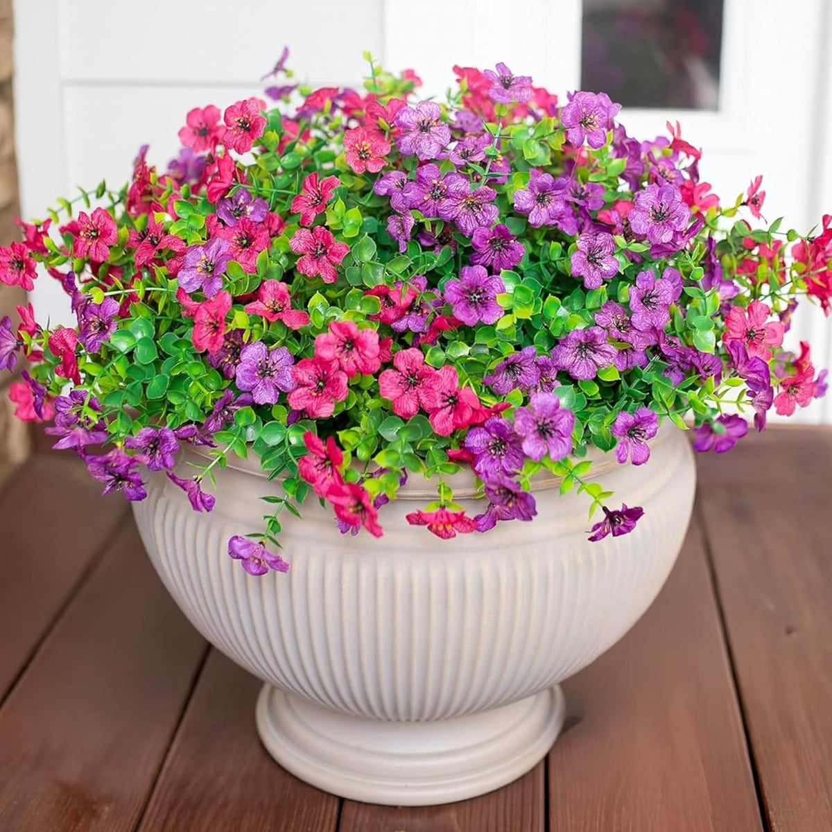 Artificial Flowers For Outdoor Indoor Garden Home Decoration, Faux Flower Daisy With Eucalyptus Leaves Fake Plants Greenery Boxwood Porch Patio, 12 Bundles (Purple Pink)