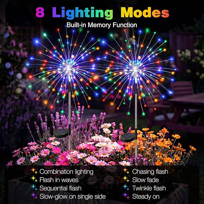 2 Pack Solar Firework Garden Lights 120 LED Multicolor Waterproof Twinkle Fairy Lights