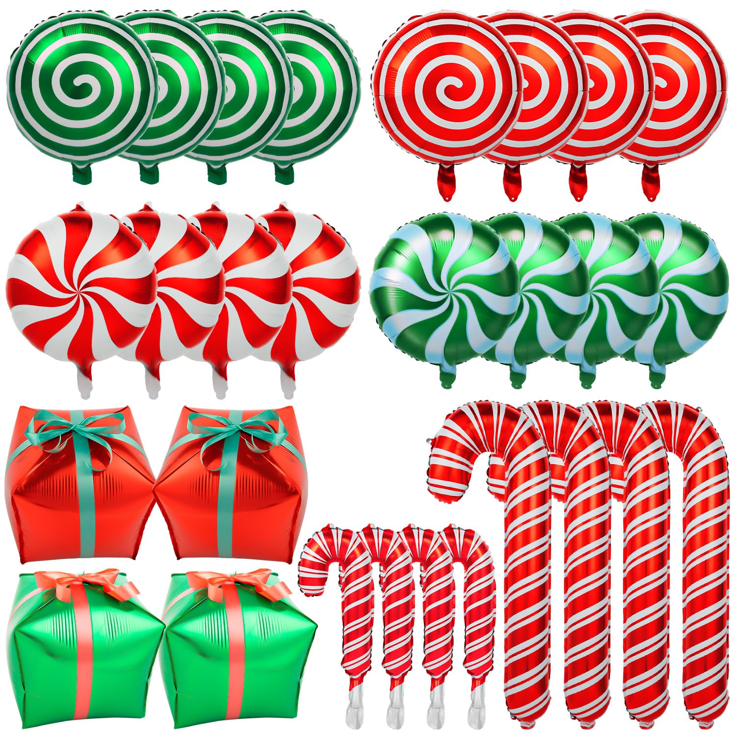 32Pcs Christmas Balloons Kit, Candy Cane Foil Balloons With Ribbons, Red Green Mylar Balloon For Party Decorations
