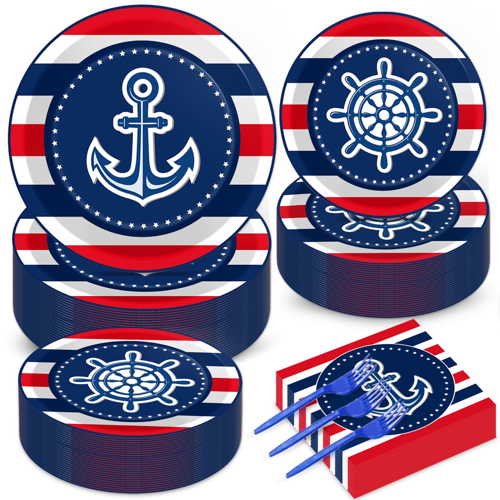 50 Guests Nautical Anchor Party Supplies Anchor Theme Plates and Napkins Plastic Forks Sailor Boat Ship Tableware Nautical Paper Plates for Baby Shower Birthday Party Boys Girls Kids 200PCS