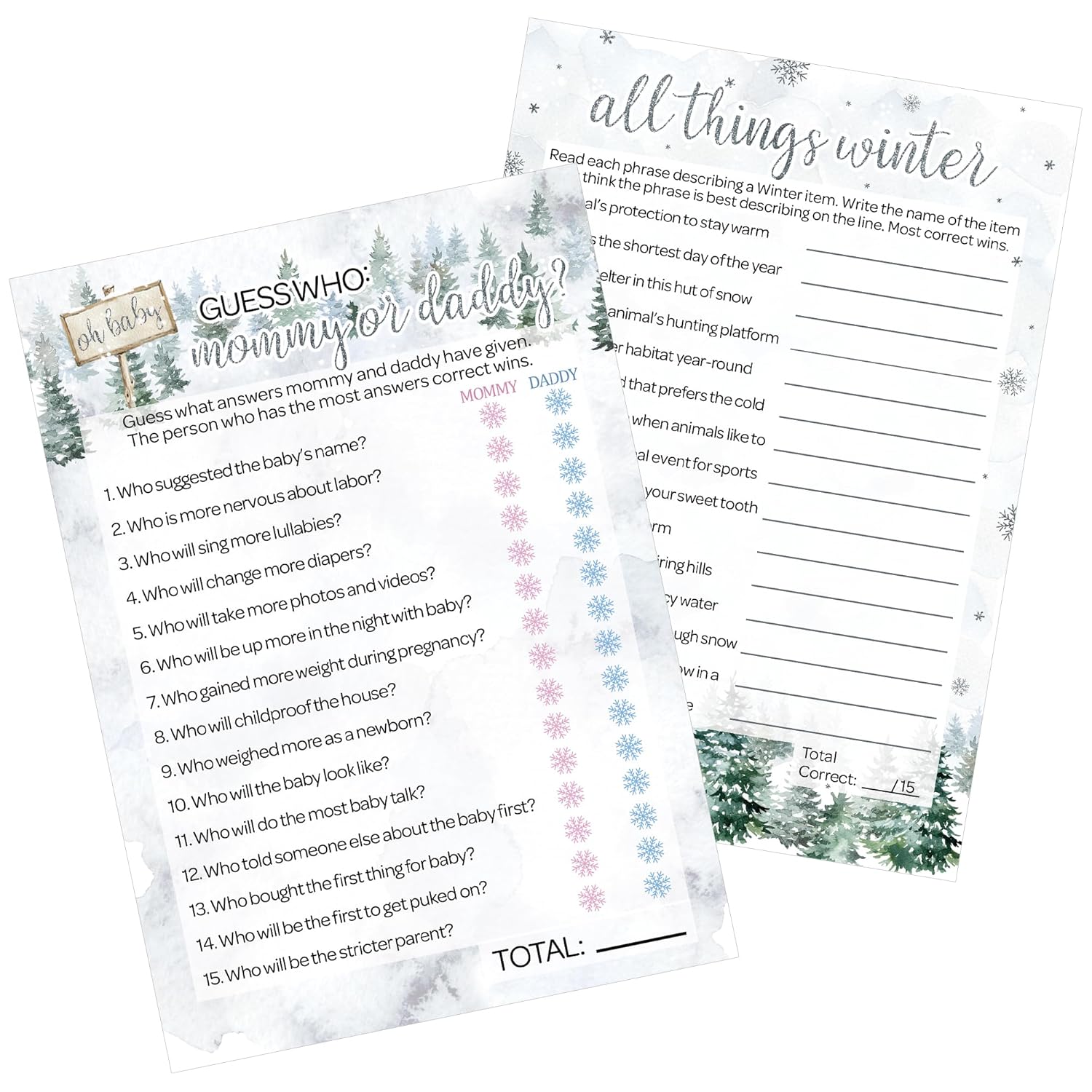 Baby It'S Cold Outside Winter Baby Shower Games - All Things Winter And Mommy Or Daddy (2 Game Party Bundle) - 20 Cards For Guests