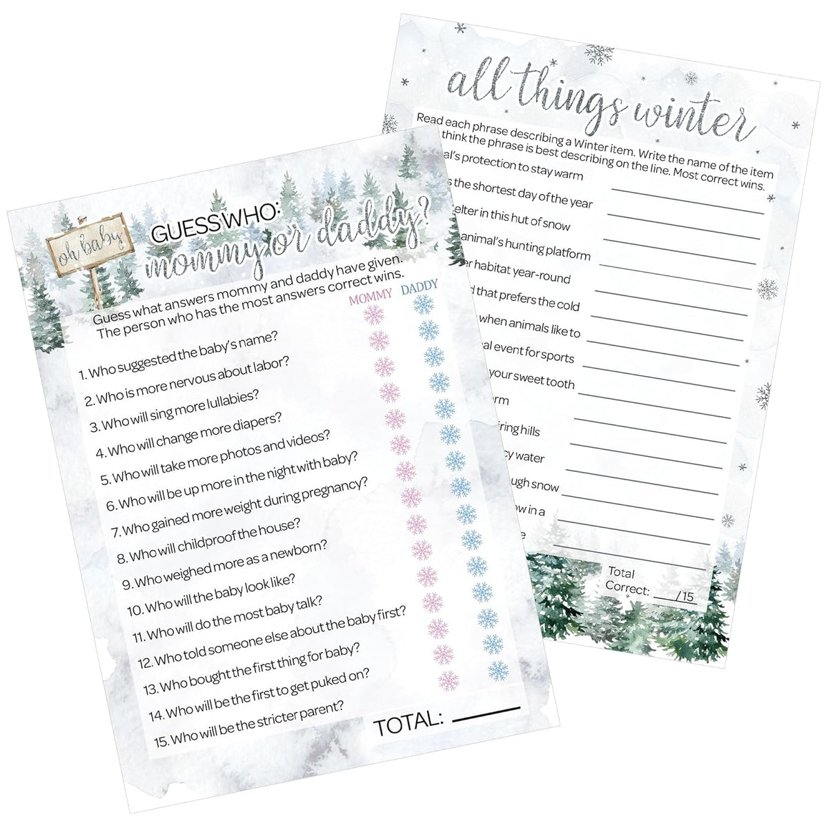 Baby It'S Cold Outside Winter Baby Shower Games - All Things Winter And Mommy Or Daddy (2 Game Party Bundle) - 20 Cards For Guests