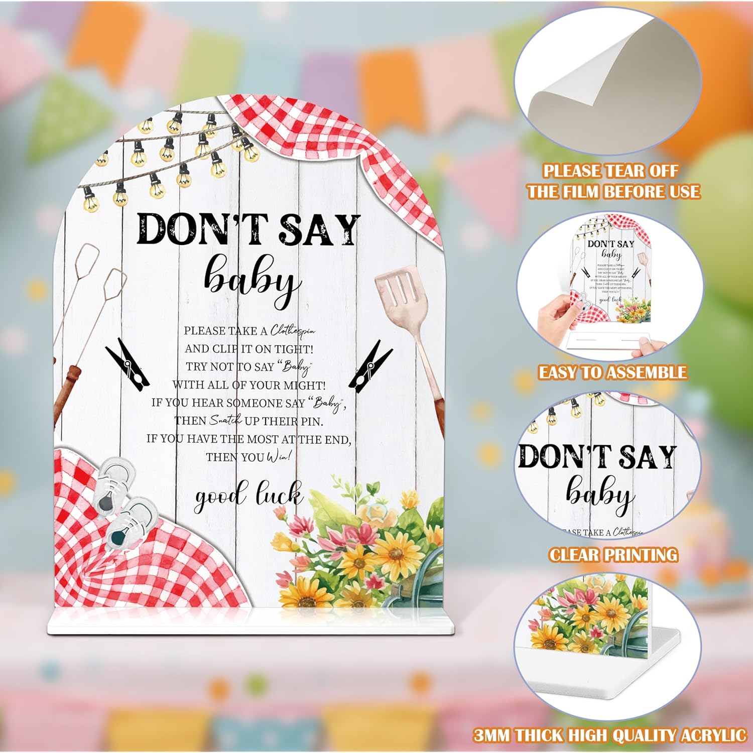 Baby Shower Games - Bbq Don'T Say Baby Clothespin Game, 1 Arch Acrylic Sign And 50 Mini Clothespins, Gender Reveal Game, Backyard Baby Shower Decoration Supplies (Gxb06)