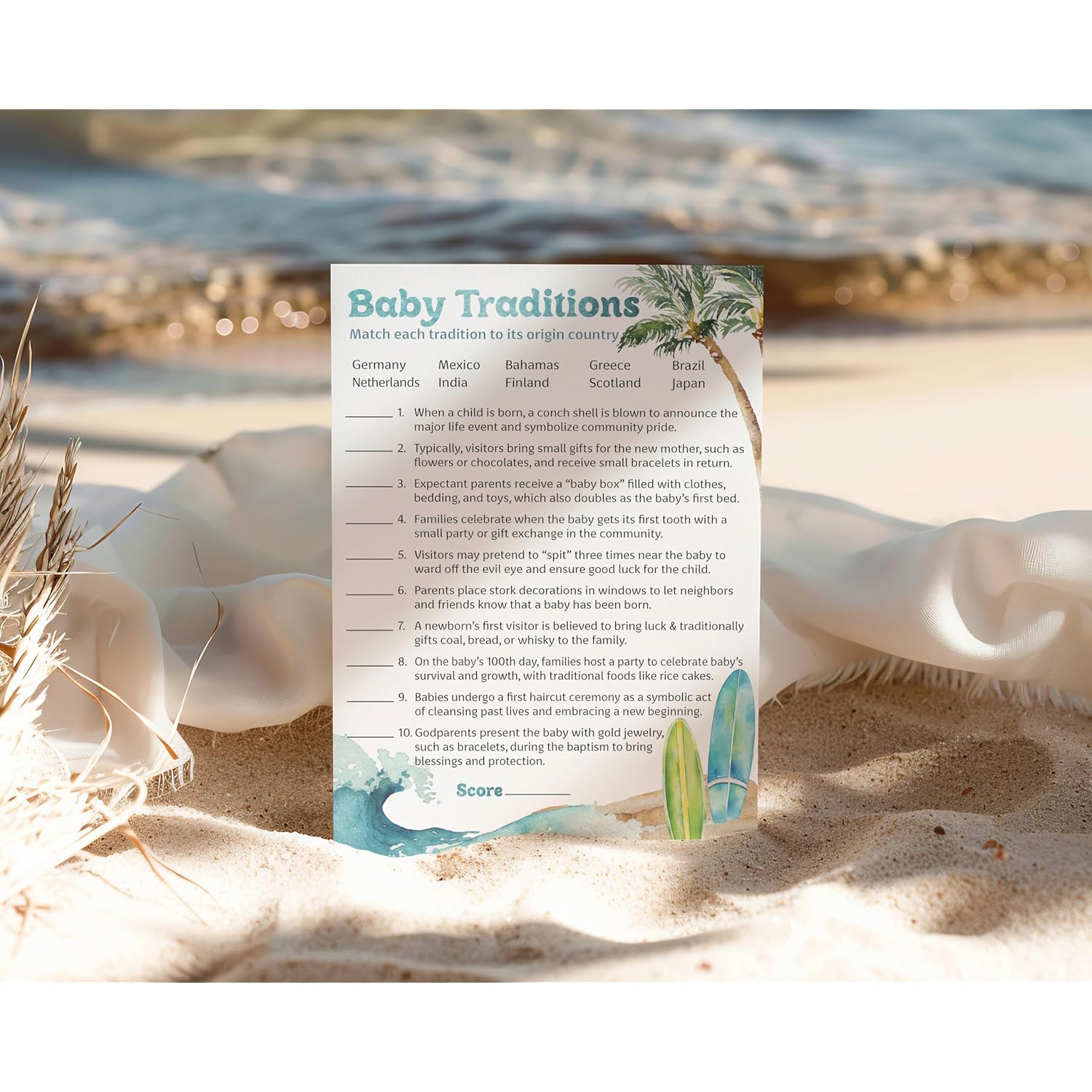 Beach Surf Theme Baby Shower Games — Baby Traditions Around The World Game — Pack Of 25, Outdoors Surfing Baby On Board, Fun Facts Shower Activity, Gender Neutral Co-Ed Couples Shower G940-Btw