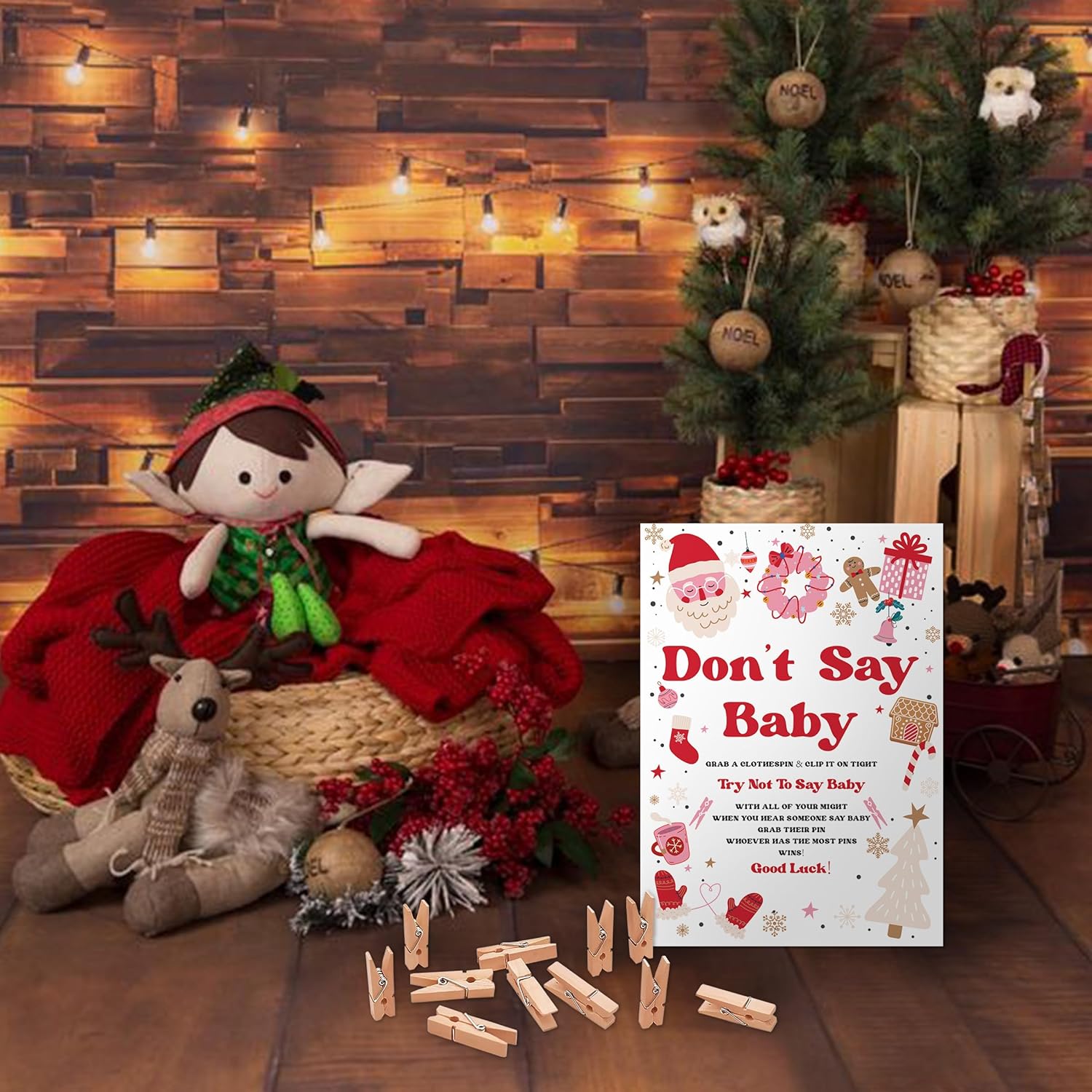 Christmas Don'T Say Baby Set - One 5X7 Sign And 50 Mini Clothespins, Christmas Theme Baby Shower Game, Baby Shower Party Supplies, Baby Shower Decoration- Sd06