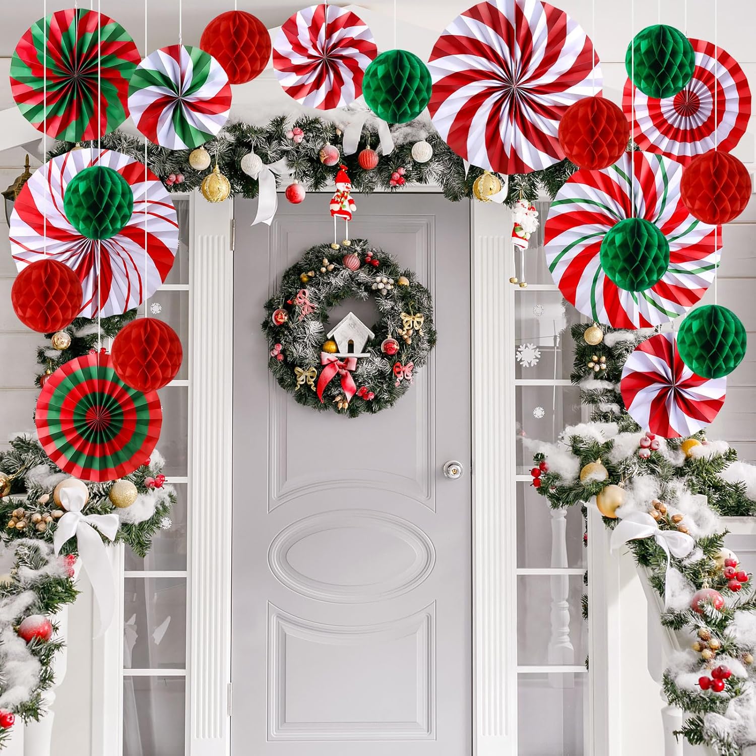 21 Pcs Christmas Candy Hanging Paper Fans Peppermint Christmas Banners Xmas Classroom Ceiling Decorations Tissue Poms Honeycomb Ball Ornaments For Birthday Wall Decor Supplies(Fashion)