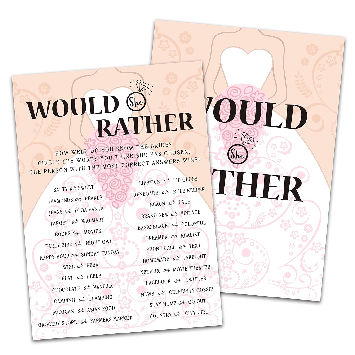 Bridal Shower Game Cards, Would She Rather Game, Brid With Holding Flowers Pink Engagement Party Cards For Wedding, Set Of 30 Cards(Dress003)