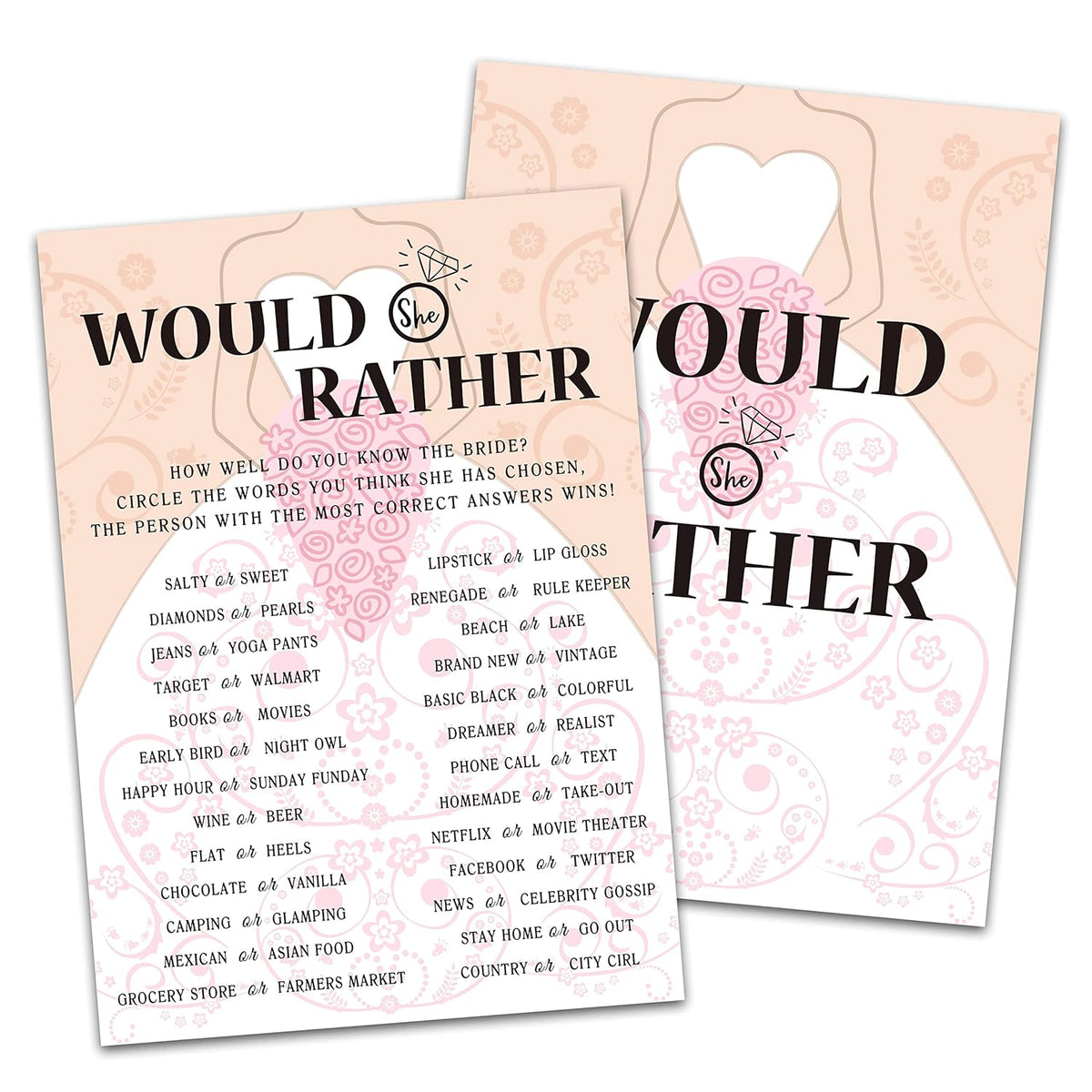 Bridal Shower Game Cards, Would She Rather Game, Brid With Holding Flowers Pink Engagement Party Cards For Wedding, Set Of 30 Cards(Dress003)
