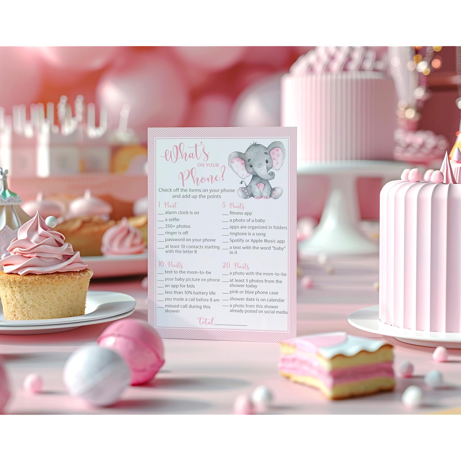 What'S On Your Phone Baby Shower Game — Pack Of 25 — Girl Pink Elephant Baby Shower Games, Cute Pink Polka Dot Baby Elephant Little Peanut Theme, Baby Girl Shower Activity G500-Phn