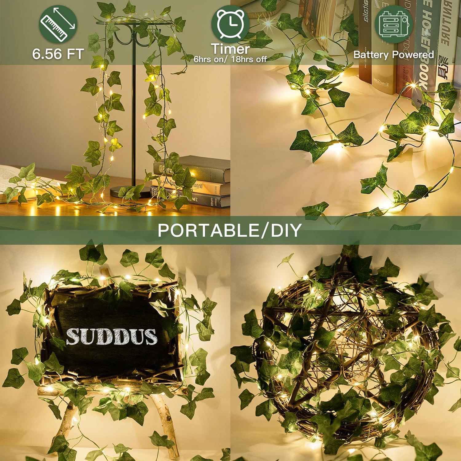 Vines With Lights Battery Operated, 20 Led 6.56Ft Fairy Lights Leaves With Timer, Ivy Vines String Lights For Bedroom,Cl