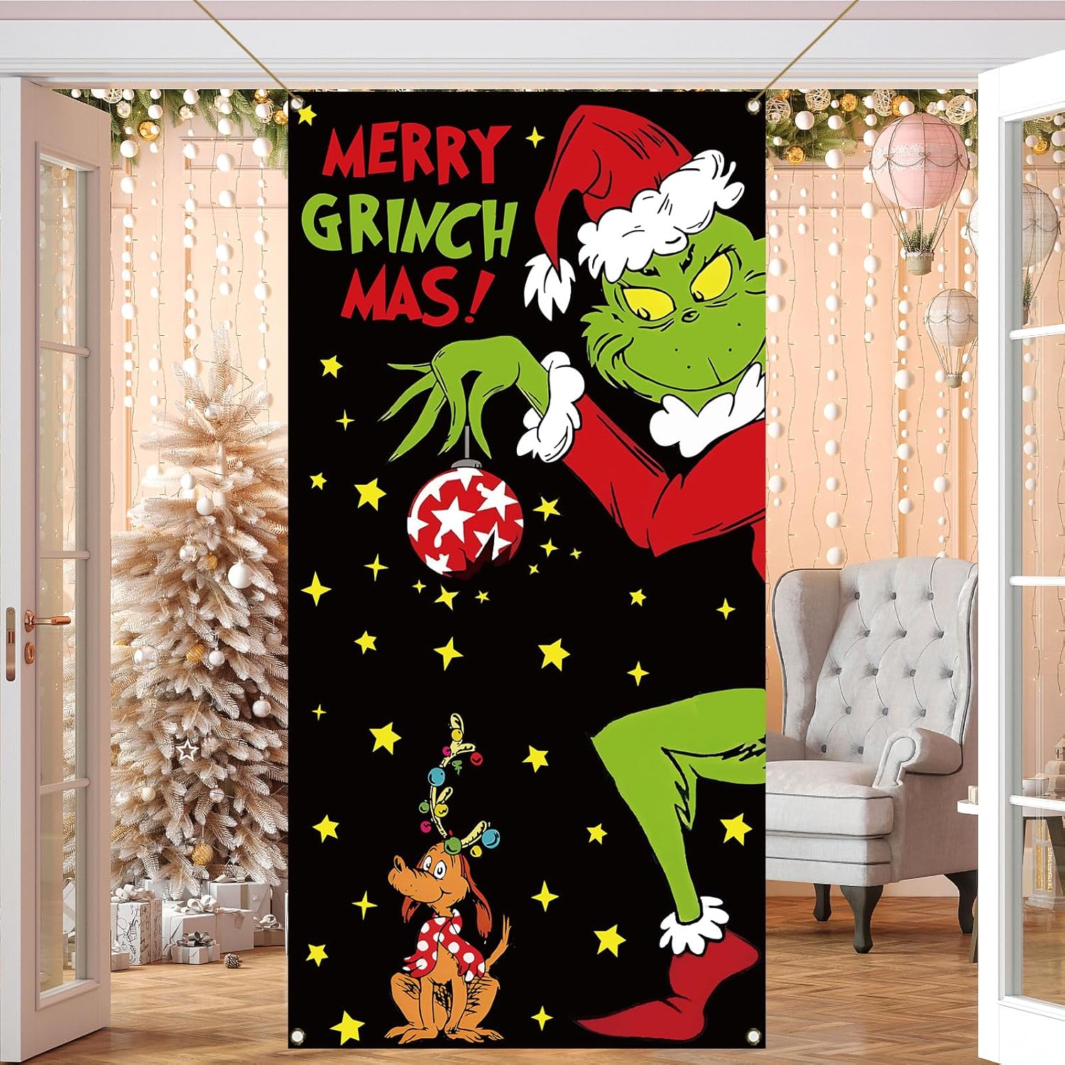 Merry Christmas Door Cover Welcome Xmas Birthday Party Decorations Green Winter Holiday Banner For Home Office Door Decor