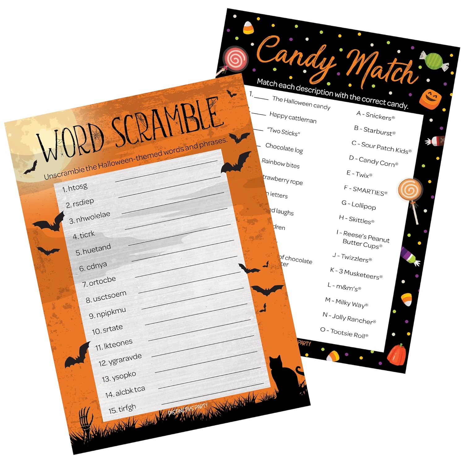 Halloween Party Games – Word Scramble And Candy Match 2 Game Bundle, 25 Dual-Sided Cards For Kids, Adults, Classrooms, And Fall Events