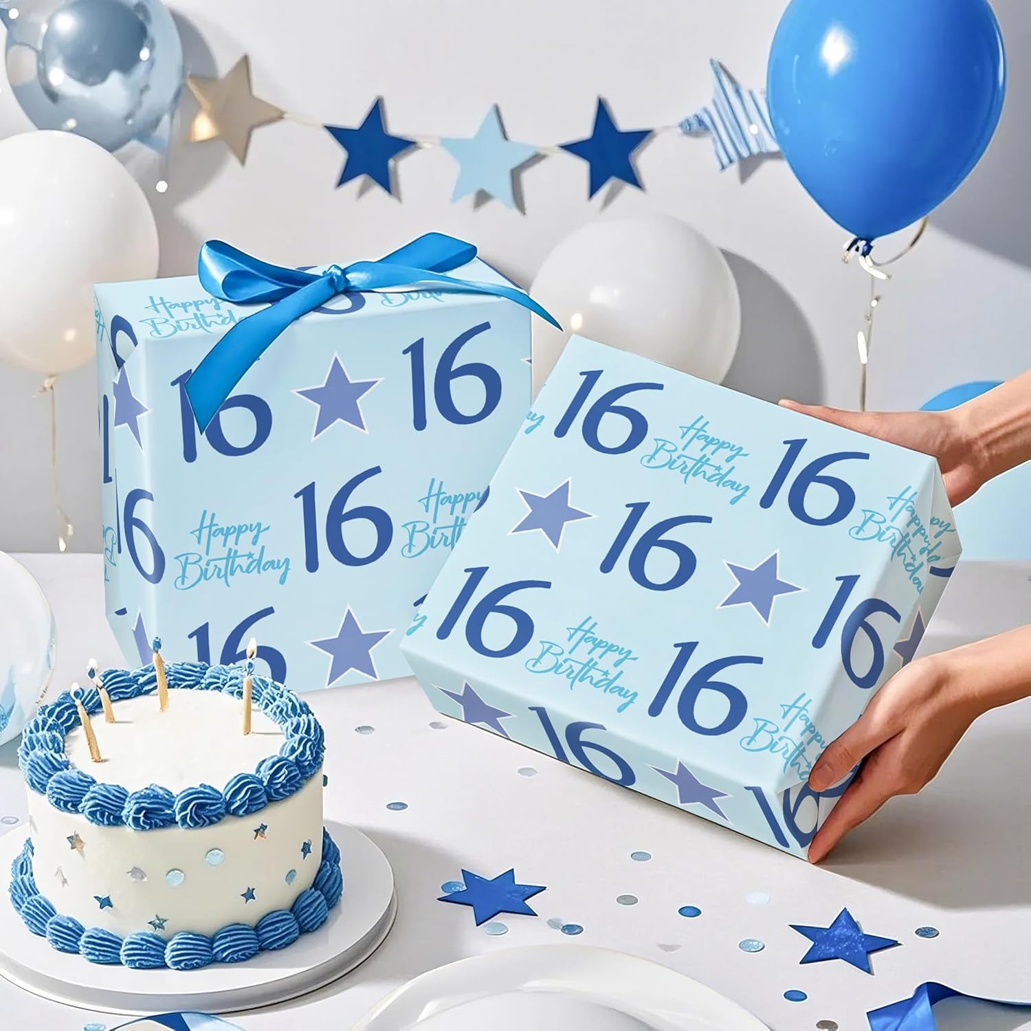 Boy 16Th Birthday Wrapping Paper - Mini Roll - 17 Inch X 16.5 Feet - Teen Boy Blue Stars With 16 Happy Birthday Design Perfect For Party, Holiday