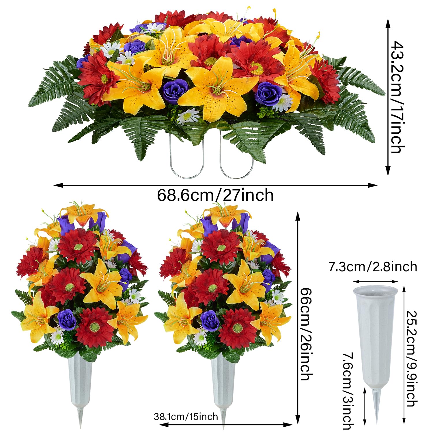 Artificial Cemetery Flower Saddles, Cemetery Memorial Flowers With Vase For Grave Tombstone Decorations, Lily Rose Gerbera Headstone Flowers Saddle (1 Saddle 2 Bouquets)