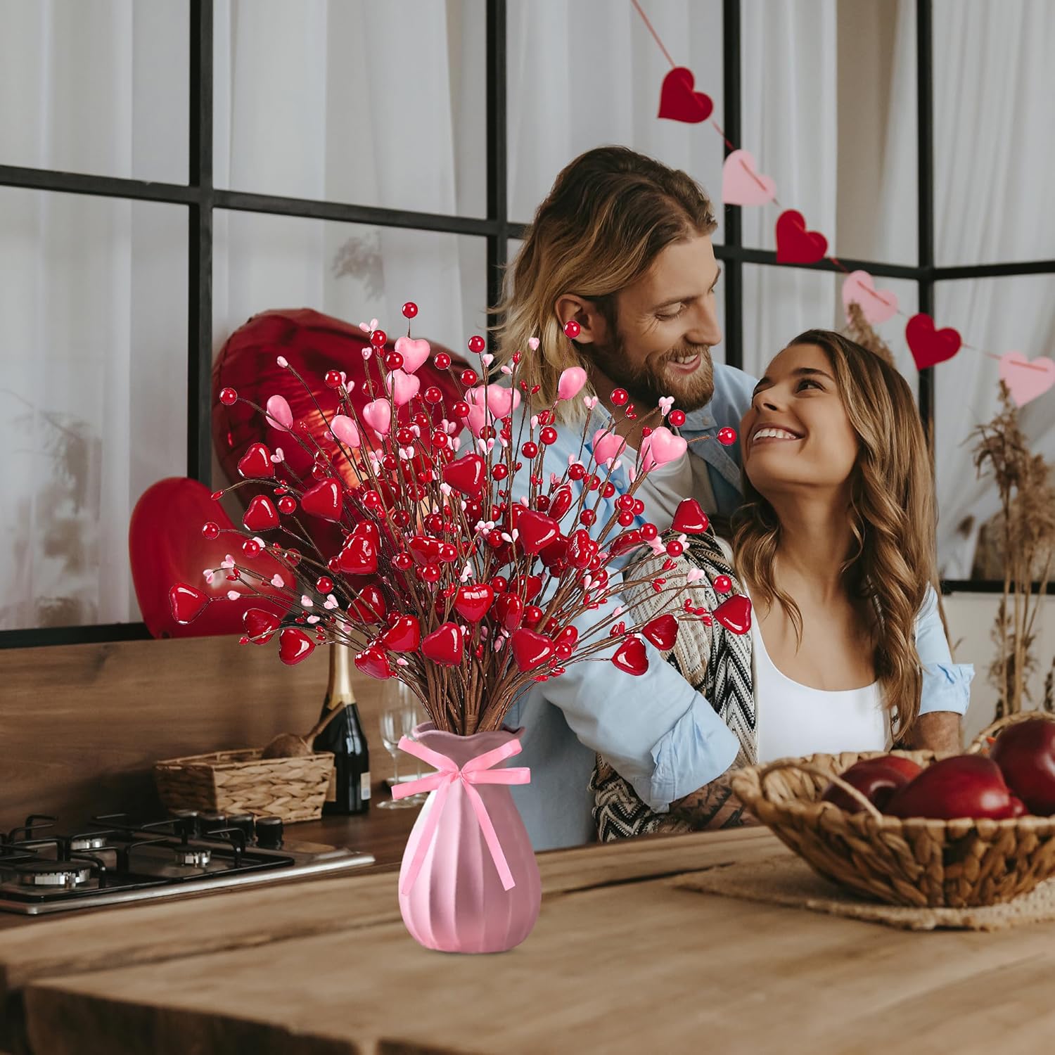 Valentine’S Day Gifts 12 Pcs Heart Shaped Berry Picks Artificial Red Heart Berry Twig Stem Branches With 2 Rolls Of Ribbon Pink Pips For Valentine’S Day Anniversary Flower Bouquets Wedding Home Decor