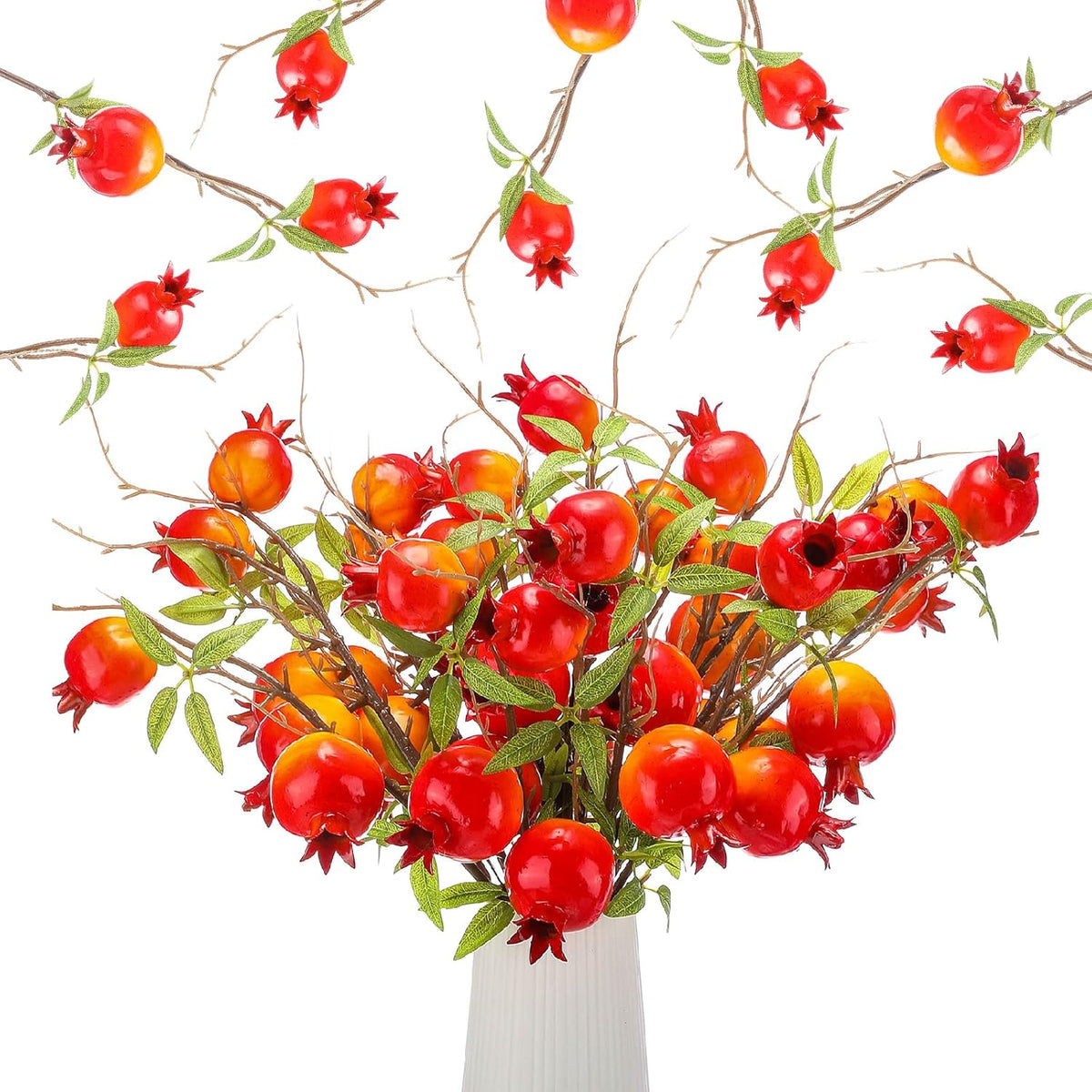 20 Pcs Artificial Pomegranate Branches 17.72'' Tall Faux Pomegranate Flower Stem Orange Fake Berries Branches For Wedding Home Vase Party Decorations