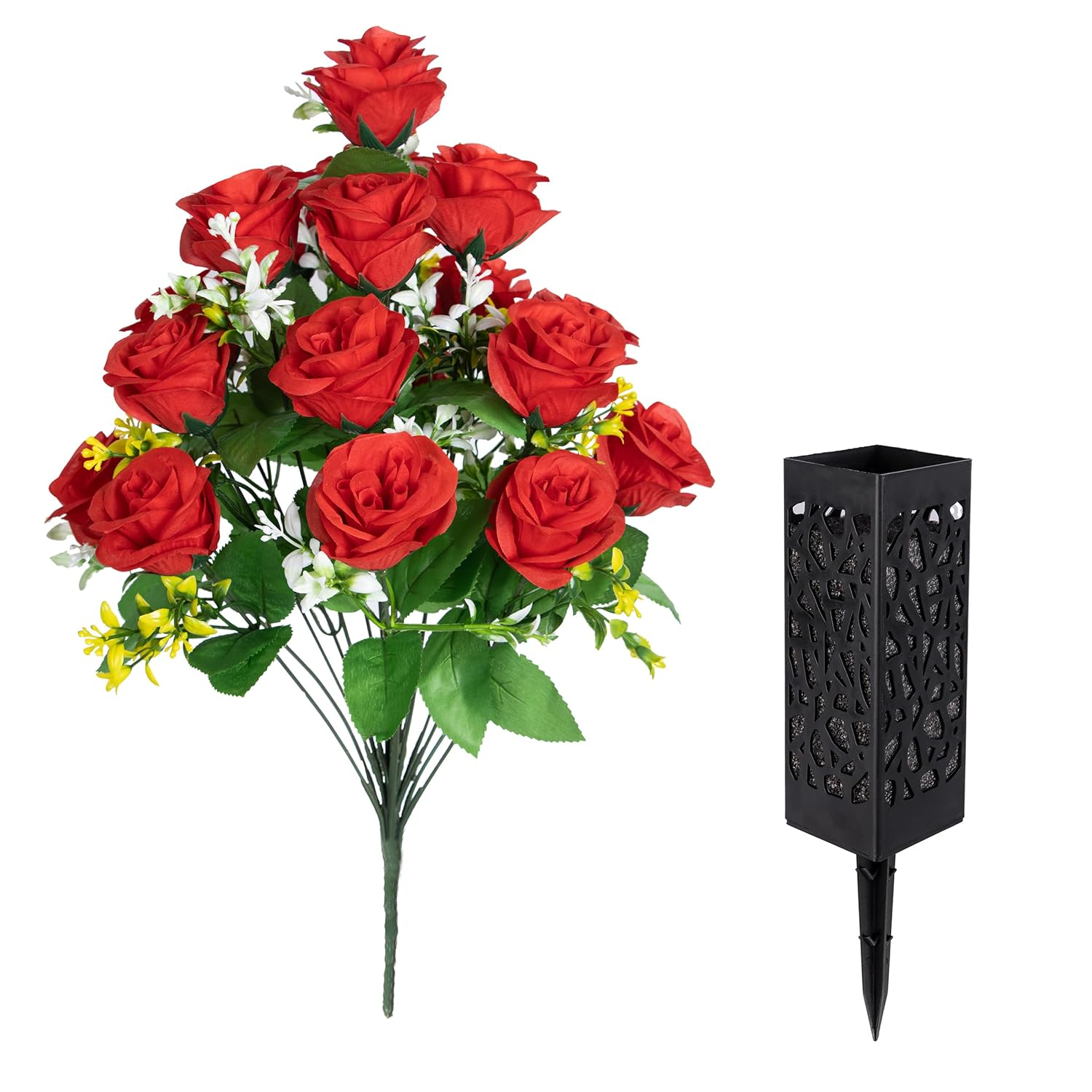 2 Sets Artificial Cemetery Flowers,Memorial Flowers,Beautiful Arrangements For Headstones,Black Plastic Vase With Drainage Hole Long Spikes Outdoor Memorials (Red)