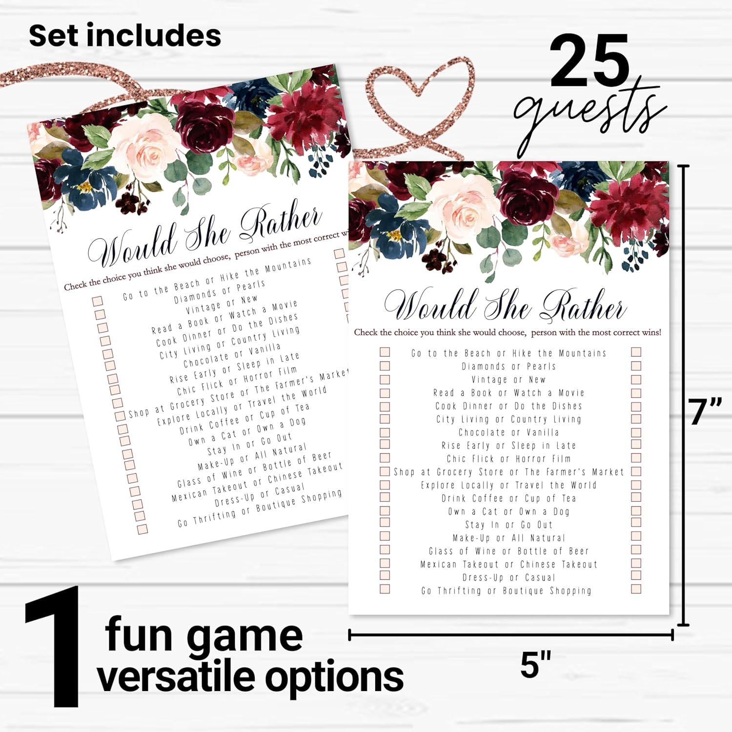 Blue Floral Bridal Shower Games - 25 Cards - Would She Rather - Rustic Burgundy Design For Bridal Showers, Wedding Receptions & Birthday Activities - 5X7 Pack Who Knows The Bride Best
