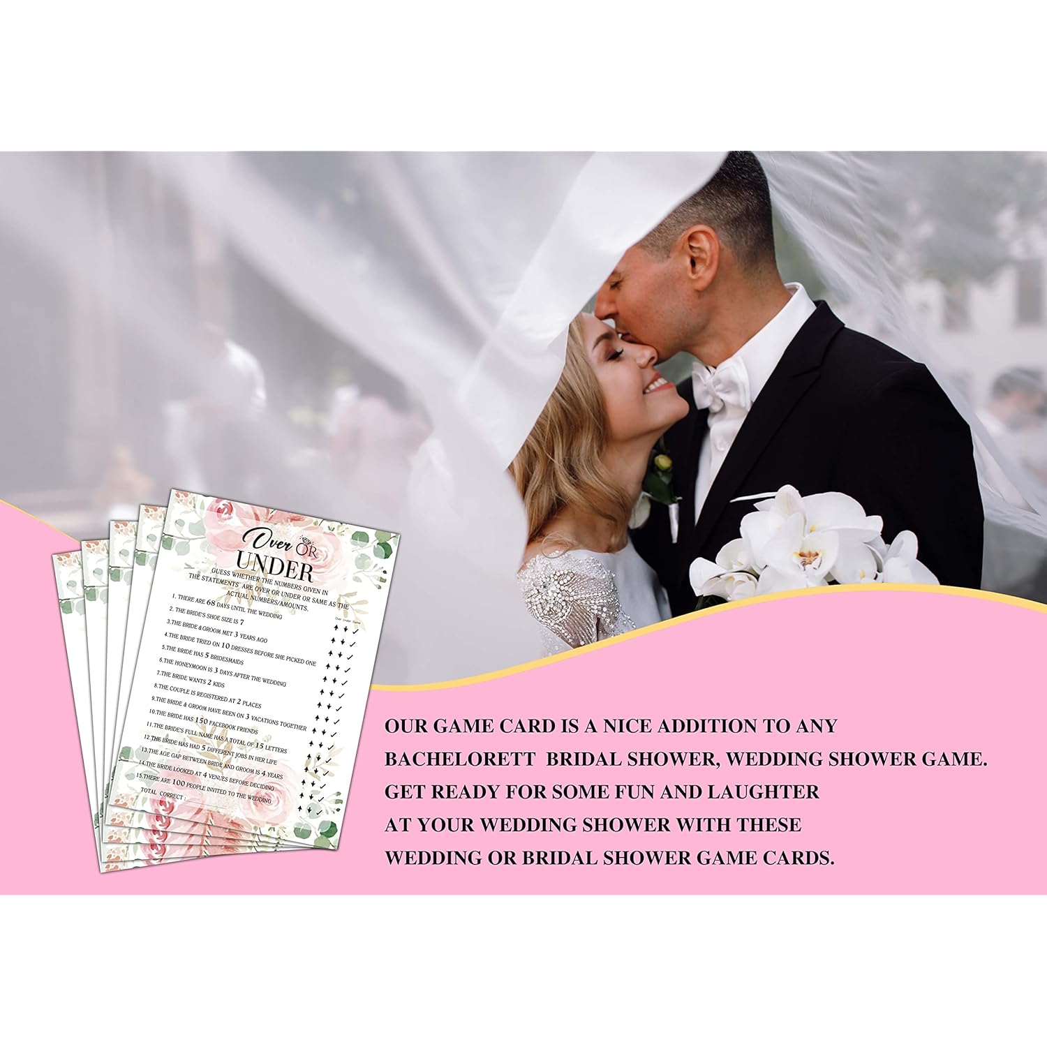 Bridal Shower Game Set - Over Or Under Party Cards For Wedding - Floral Wedding Shower Party Favor Decor - Blush Pink Engagement/Bachelorette Party Games Supplies & Activities - 30 Game Cards(C04)