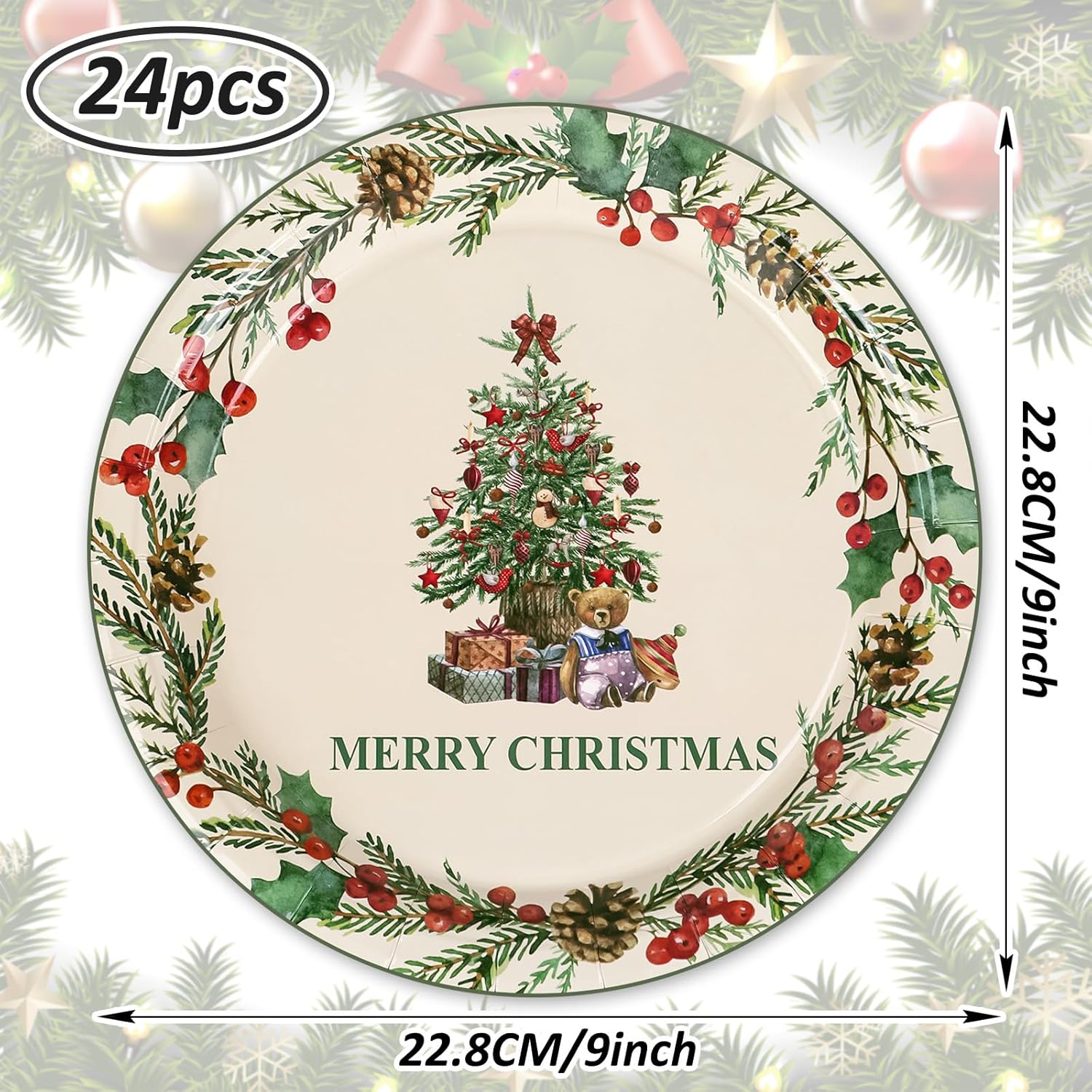 Christmas Paper Plates Christmas Tree Disposable Plates Mistletoe Wreath Xmas Dinnerware Plates Set 9 Inch For Winter Holiday Party Supplies Table Decor, 24Pcs