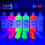 milo Fluorescent Acrylic Paint Set of 6 Colors | 16 oz Bottles | Student Neon Colors Acrylics Painting Pack | Glows UV in Black Light | Non-Toxic Art & Craft Paints for Artists & Hobby Painters | Made in USA