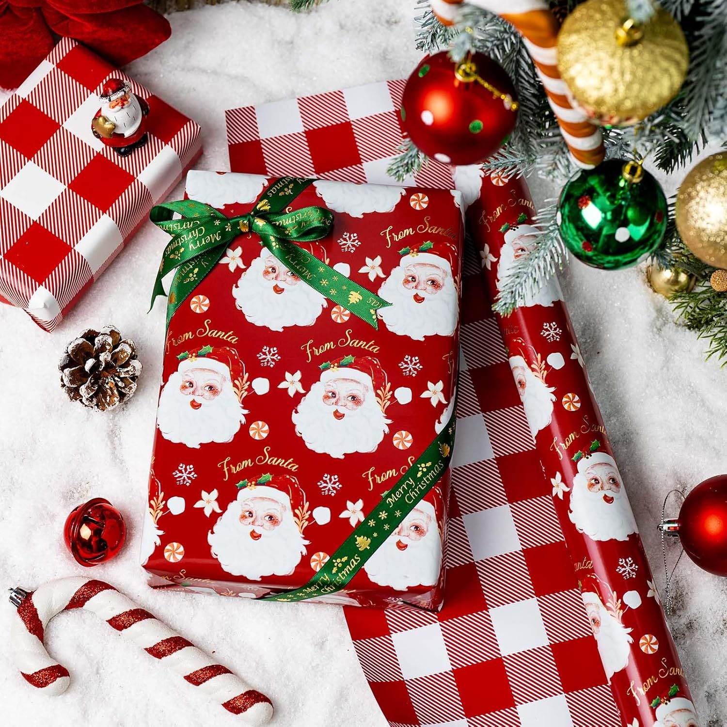 Red Christmas Wrapping Paper, Reversible Red Santa, Grid Design Gift Wrapping Paper Suitable For Christmas, Mini Roll (17 Inch X 32.8 Feet)