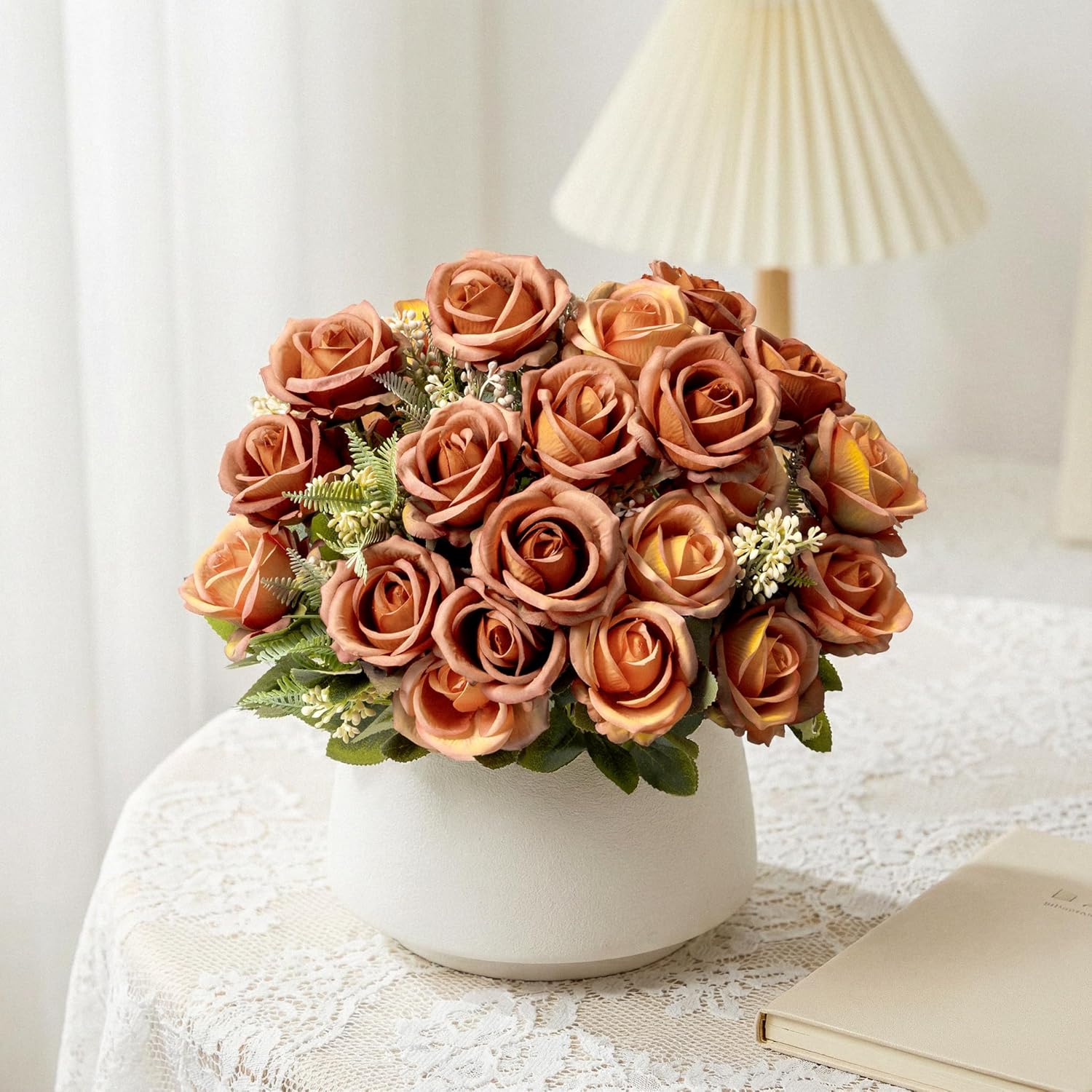 Fake Roses Burnt Orange Roses Artificial Roses Silk Roses Artificial Roses With Stems Faux Roses For Wedding Cemetery Grave Outdoor Indoor Valentine'S Day Farmhouse Decoration No Vase(4Pcs)