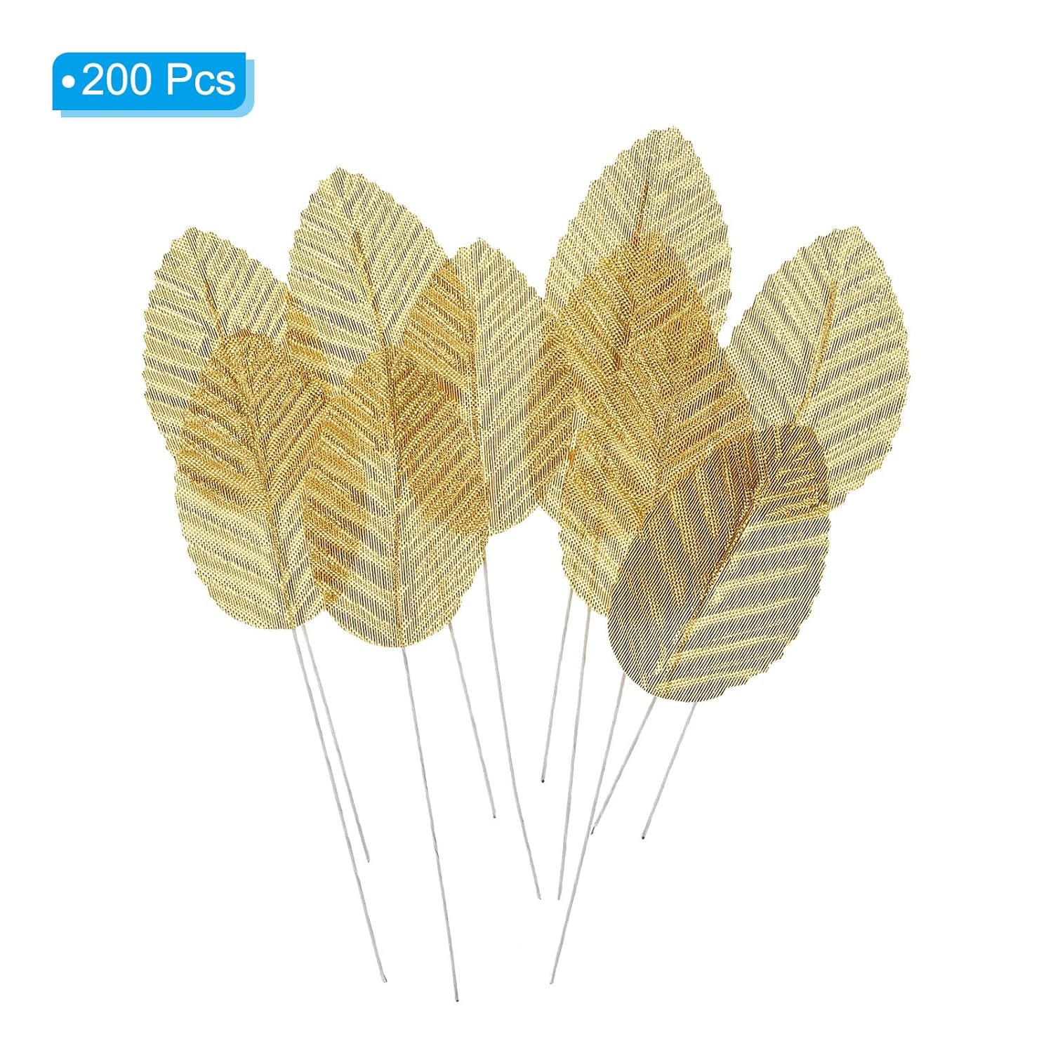 4.3" Artificial Silk Leaf, 200 Pcs Artificial Leaves Stems Fake Leaves Bulk Fake Rose Wire Crafts Leaves For Home Office Decor, Gold Tone