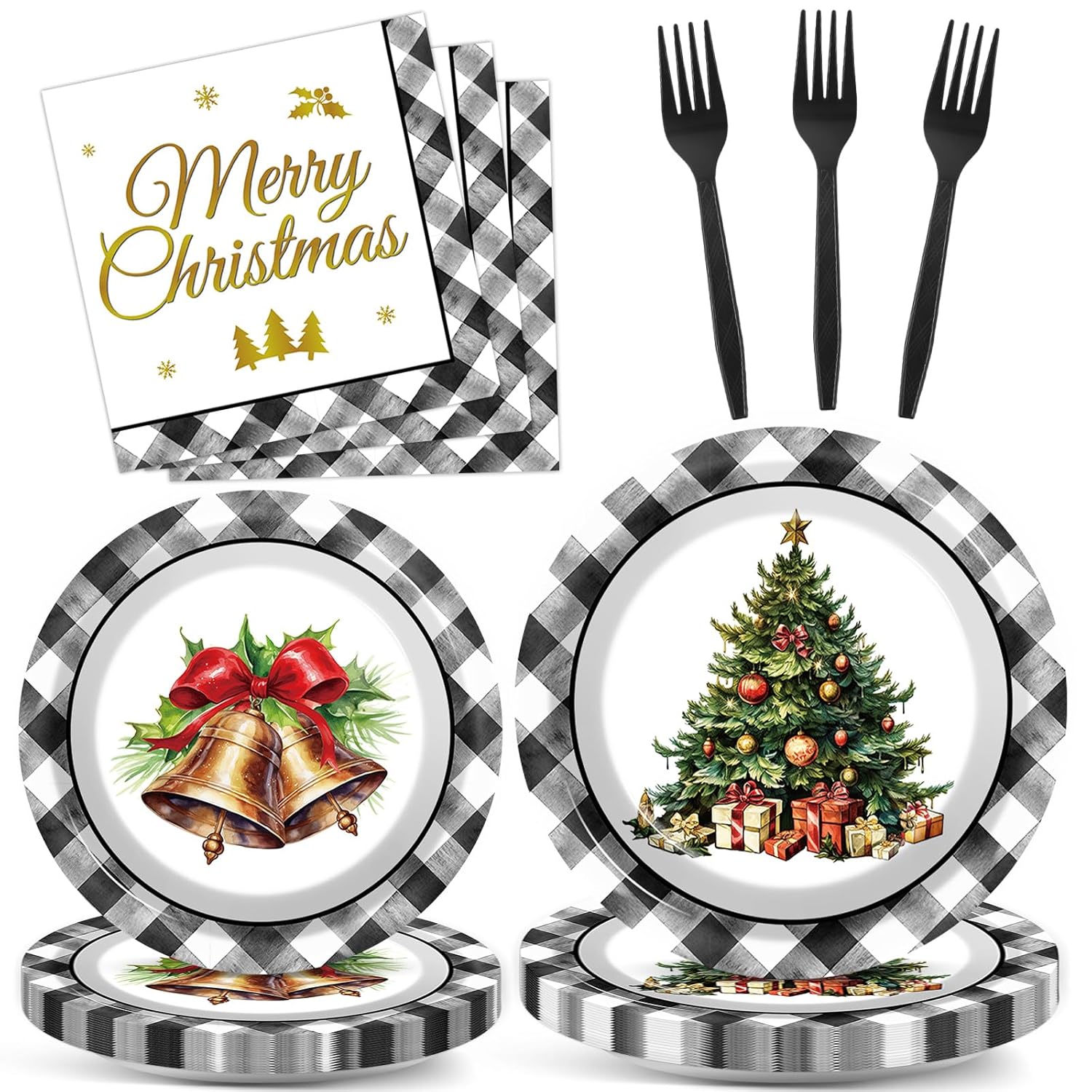 100Pcs Christmas Paper Plates And Napkins Set Black Buffalo Plaid Plates Christmas Party Supplies Xmas Tree Disposable Dinnerware Tableware Set For Holiday Winter Party Decoration Serve 25
