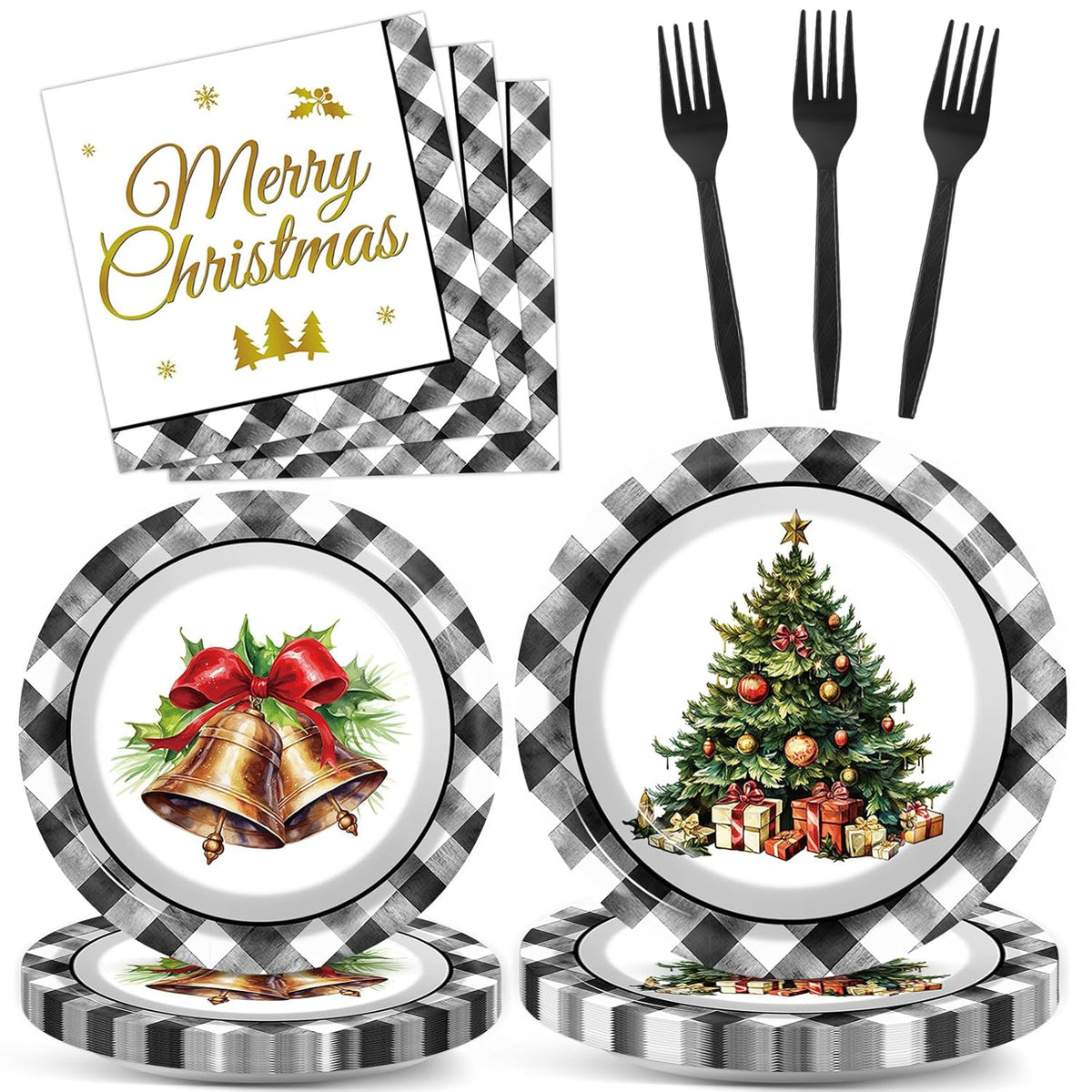 100Pcs Christmas Paper Plates And Napkins Set Black Buffalo Plaid Plates Christmas Party Supplies Xmas Tree Disposable Dinnerware Tableware Set For Holiday Winter Party Decoration Serve 25