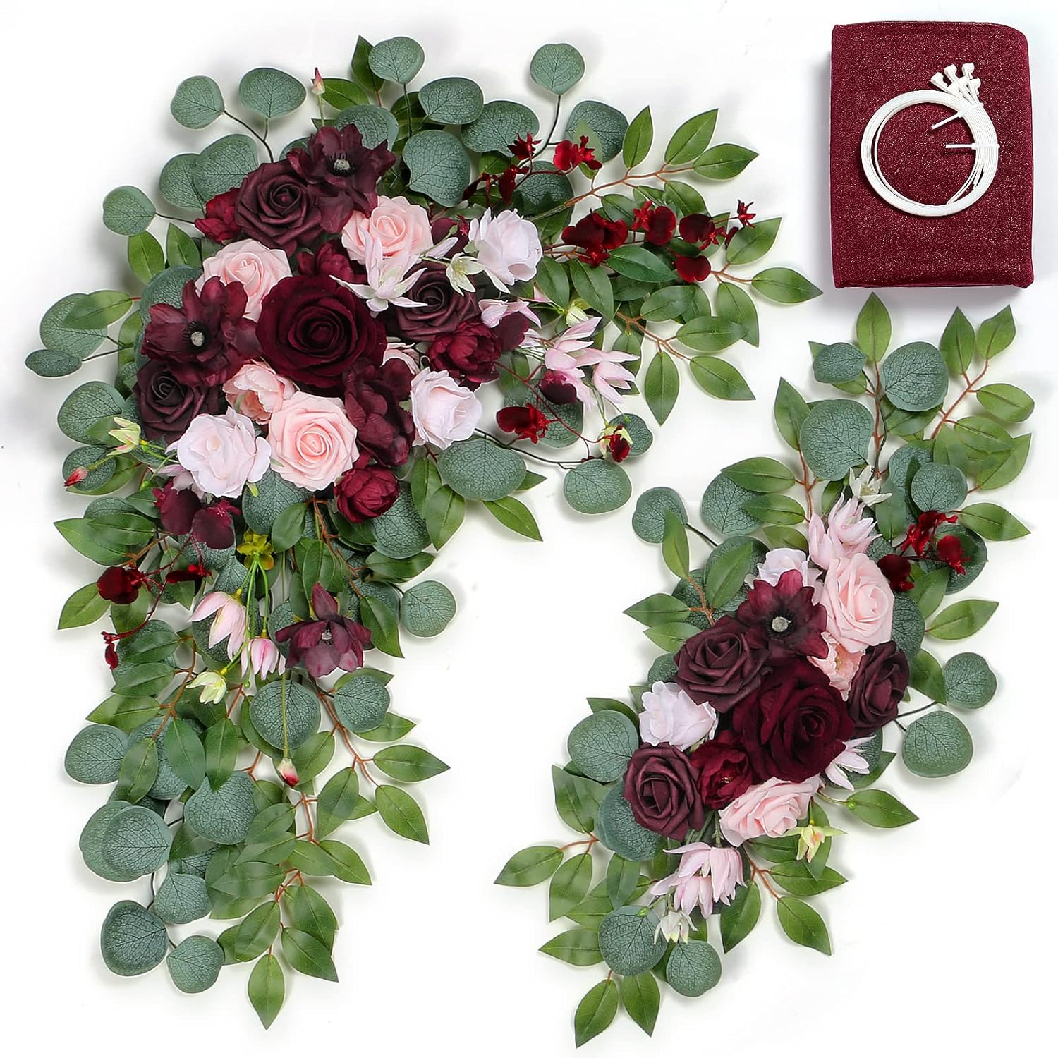 Burgundy Wedding Artificial Arch Flowers Kit (Pack Of 3) With 26Ft Shiny Arch Draping Fabric For Ceremony And Reception Backdrop Decoration (Burgundy & Blush)