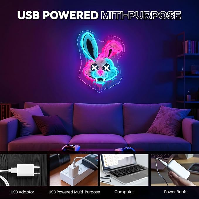 Bunny Neon Sign Rabbit LED Wall Light Dimmable Acrylic Decor for Bedroom Game Room Bar Party Gifts