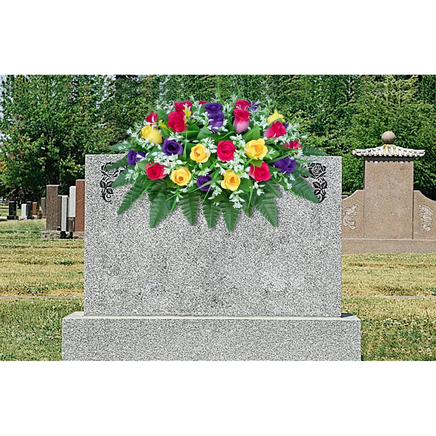 Artificial Cemetery Flowers Saddle-Shaped Tombstone Decorations Non-Fading Uv-Resistant?Yellow+Purple+Brilliant Red Saddle?