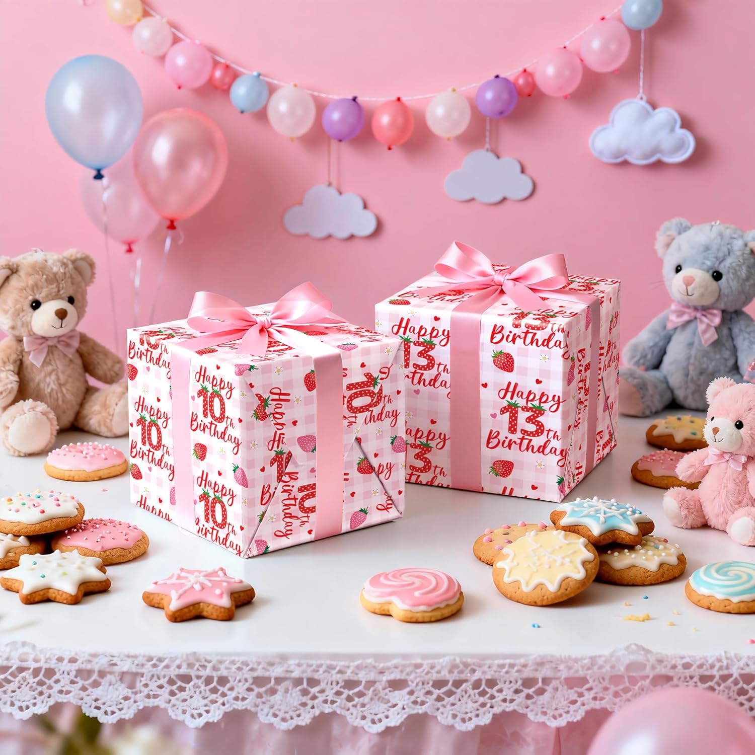 Happy 10Th Birthday Wrapping Paper Roll, Strawberry & Pink Gingham Gift Wrap For Girl’S Tenth Birthday Party, Kids Age10 Decorations & Presents, Mini Roll 17 In X 16.4 Ft