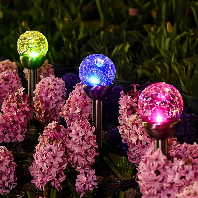 3 Pack Cracked Glass Ball Solar Garden Lights Color Changing Waterproof Pathway Decor