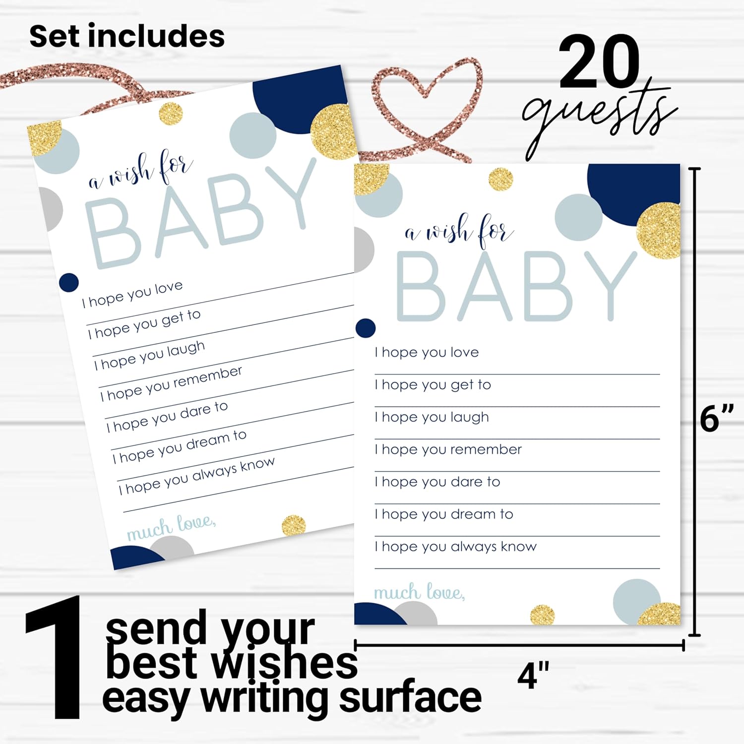 Navy And Gold Wishes For Baby Shower (20 Pack) Cute Words Of Wisdom For Boys - Creative Guest Book Alternative & Keepsake Activity For Baby Showers, Birthday Celebrations - 4X6 Cards