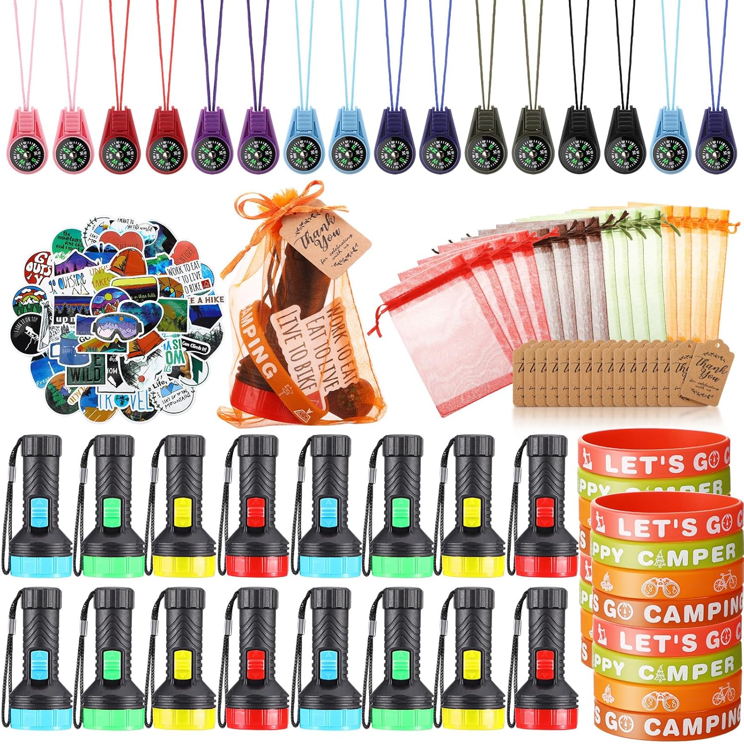 130 Pcs Camping Party Favors Happy Camper Party With Silicone Bracelets, Mini Compass, Mini Flashlight Keychains, Stickers, Bag And Tag Adventure Friend Birthday (Classic Style)
