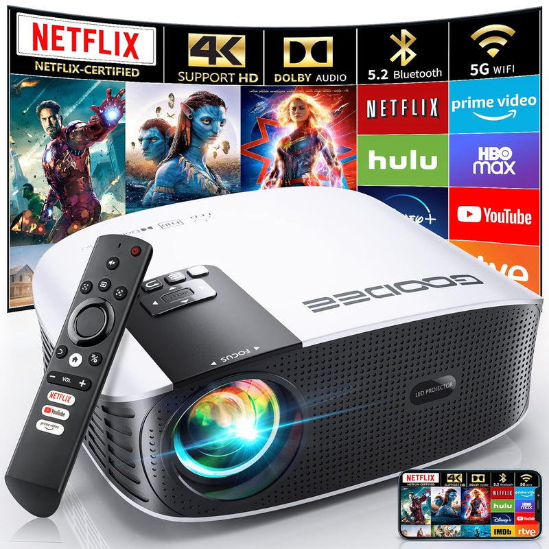 Smart 4K Projector, 800 ANSI, 5G WiFi/Bluetooth, Netflix, 400" Zoom, Dolby Audio