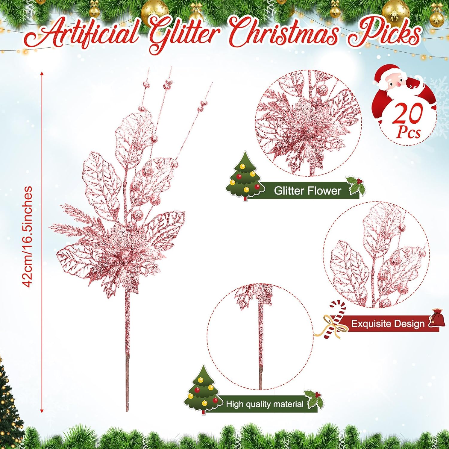 20 Pcs 16.5 Inch Rose Gold Artificial Glitters Christmas Picks Decoration Sprays With Flowers Berry Leaves Or Xmas Decor Wreaths Wreath Vase Fillers