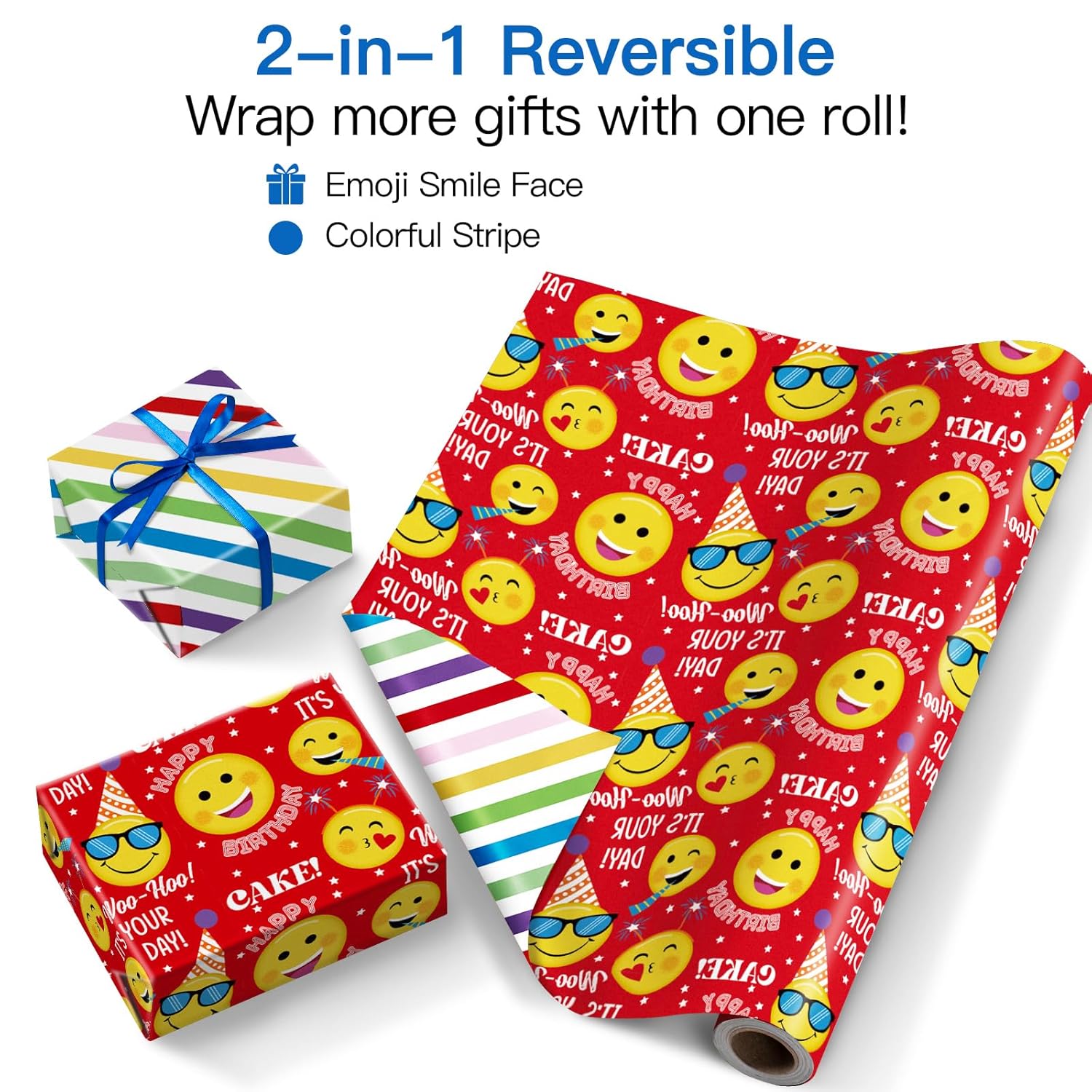 Reversible Funny Birthday Wrapping Paper Roll, Mini Roll, Funny Emoji Party Faces And Red Happy Birthday Design Gift Wrap For Boys Kids, Fun Celebrations, 17 Inches X 16.4 Feet