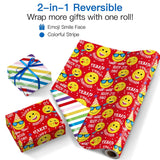 Reversible Funny Birthday Wrapping Paper Roll, Mini Roll, Funny Emoji Party Faces And Red Happy Birthday Design Gift Wrap For Boys Kids, Fun Celebrations, 17 Inches X 16.4 Feet