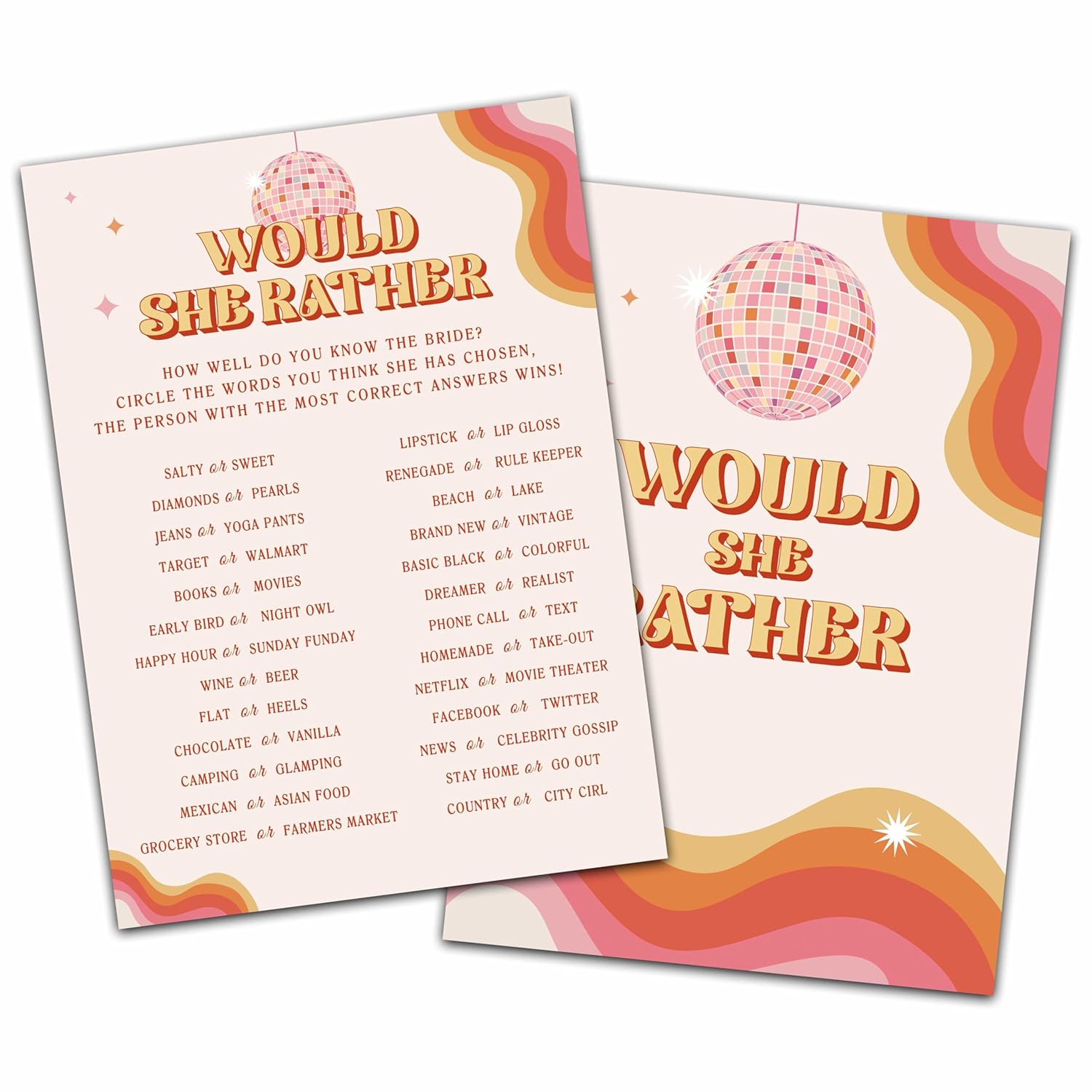 Disco Wedding Shower Games, Would She Rather Bridal Shower Games Cards, Retro Bachelorette Party Game Ideas, Engagement Party Supplies & Activity, Set Of 30 Cards -B05