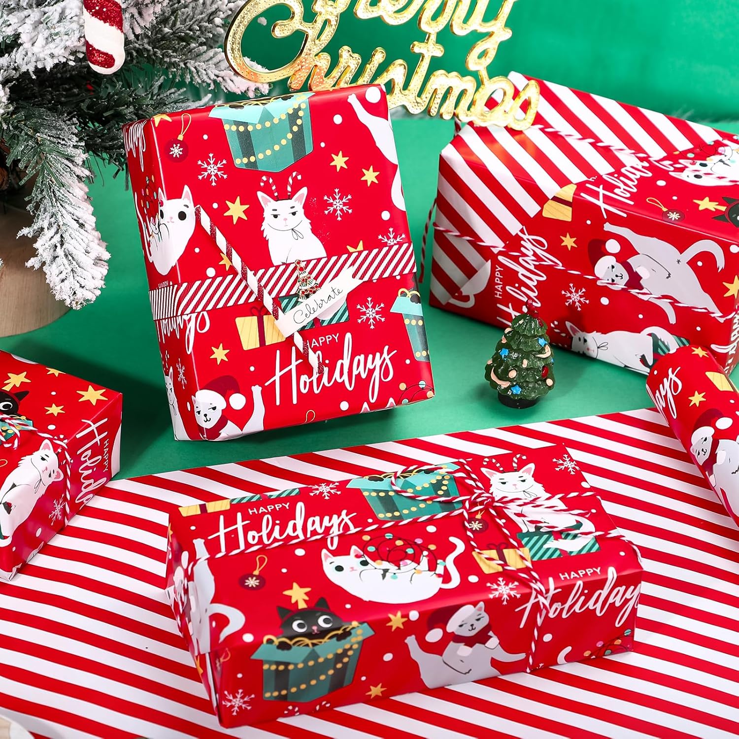 Reversible Cat Christmas Wrapping Paper - Mini Roll - 17 Inch X 33 Feet - Red Christmas Cat Wrapping Paper And Stripes Design For Holiday, Party Celebration