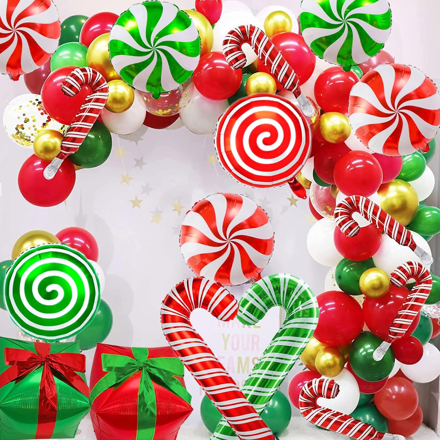 Christmas Cane Candy Balloons Red Green Candy Cane Gift Box Foil Balloons For Sweet Candies Theme Party Decorations 30 Pcs