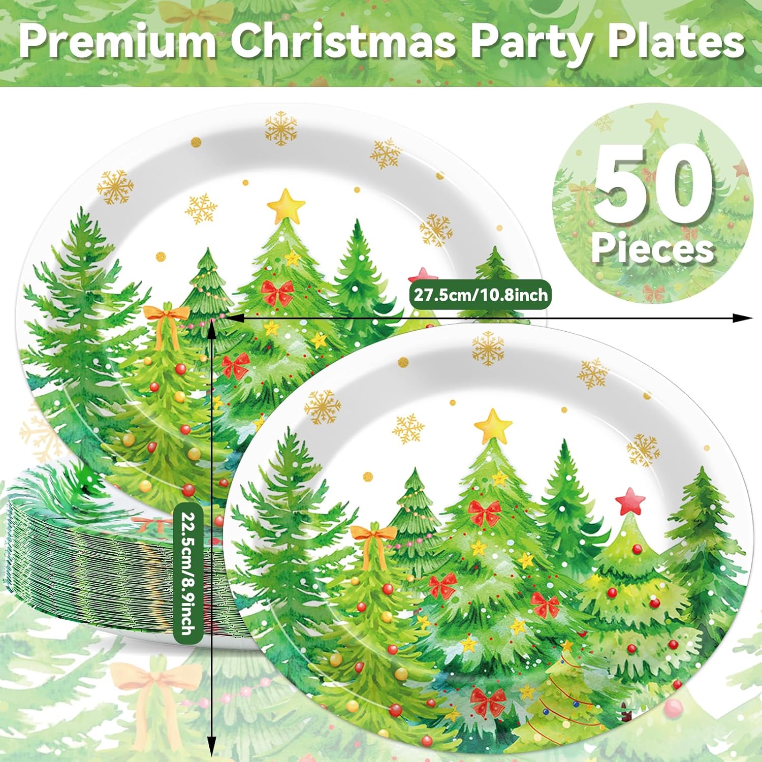 50Pcs Christmas Tree Oval Paper Plates 11Inch Holiday Winter Xmas Tree Table Platter Disposable Dish Tray Winter Tableware Set For Merry Xmas Birthday Party Dinner Supplies
